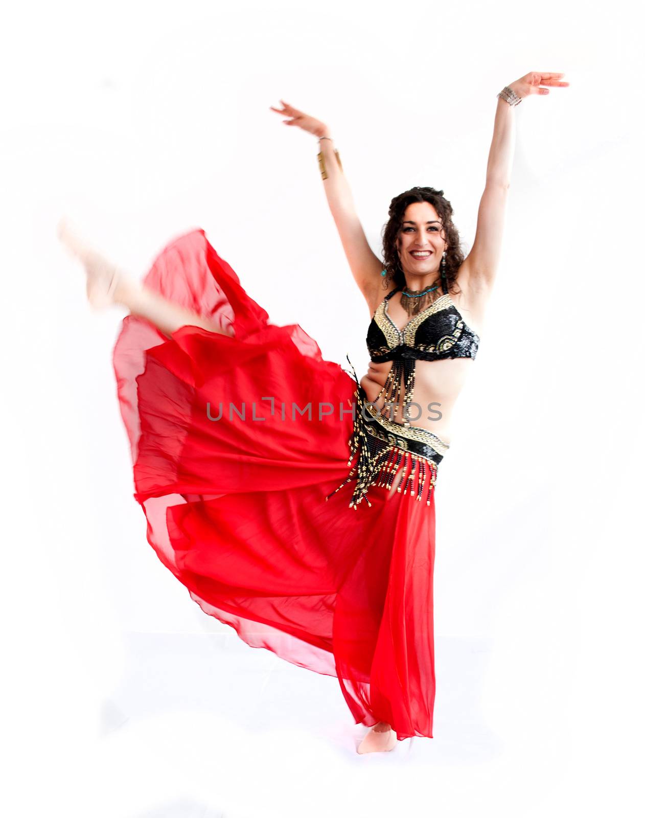 exotic young belly dancer, oriental dance isolated on white background