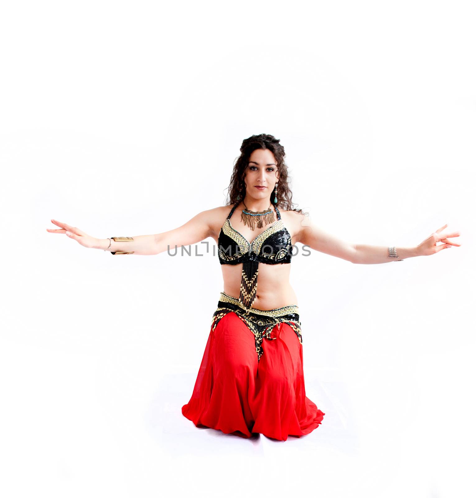 exotic young belly dancer, oriental dance isolated on white background