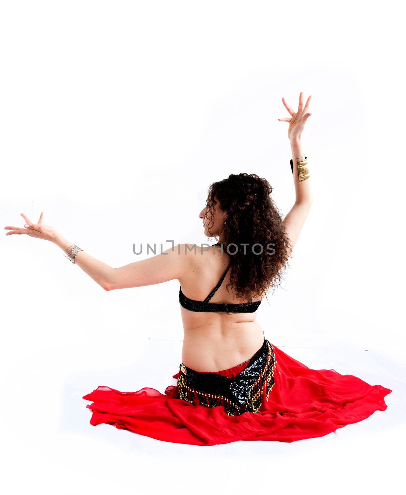 exotic young belly dancer, oriental dance isolated on white background