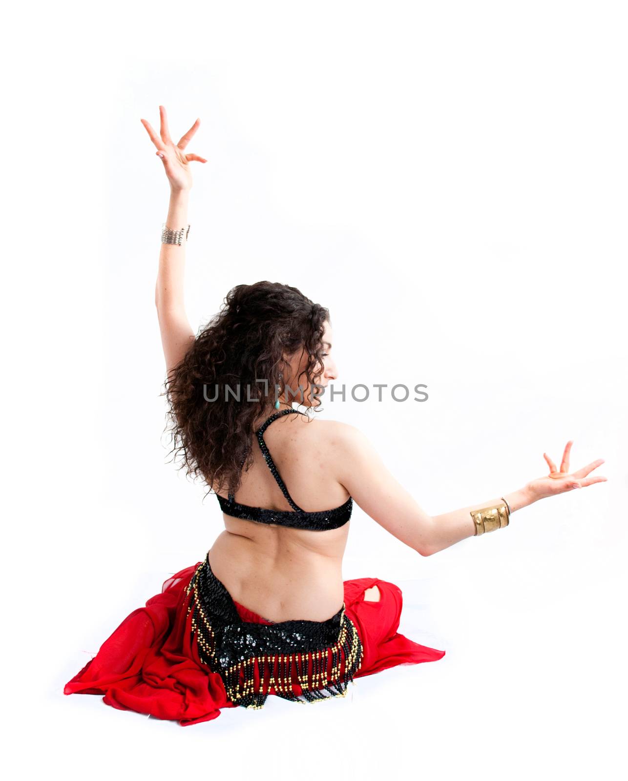 exotic young belly dancer, oriental dance isolated on white background