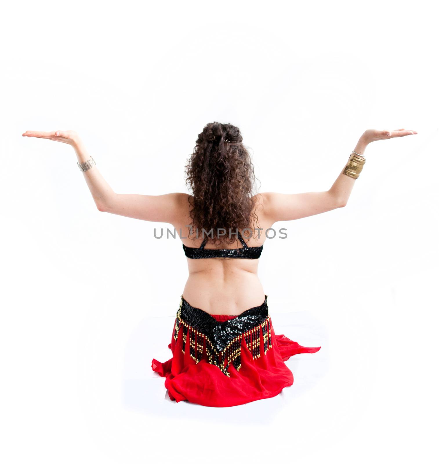 exotic young belly dancer, oriental dance isolated on white background