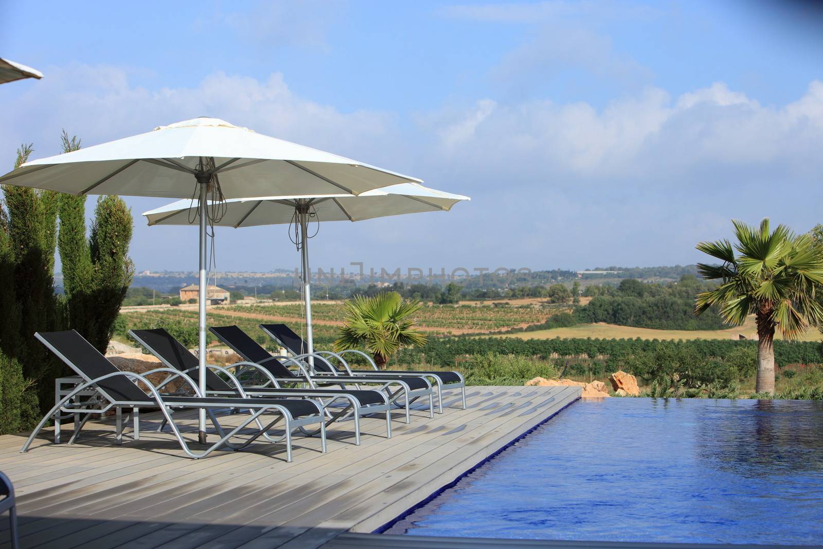 Wooden deck alongside a tranquil swimming pool with recliners and beach umbrellas overlooking open countryside at a holiday resort