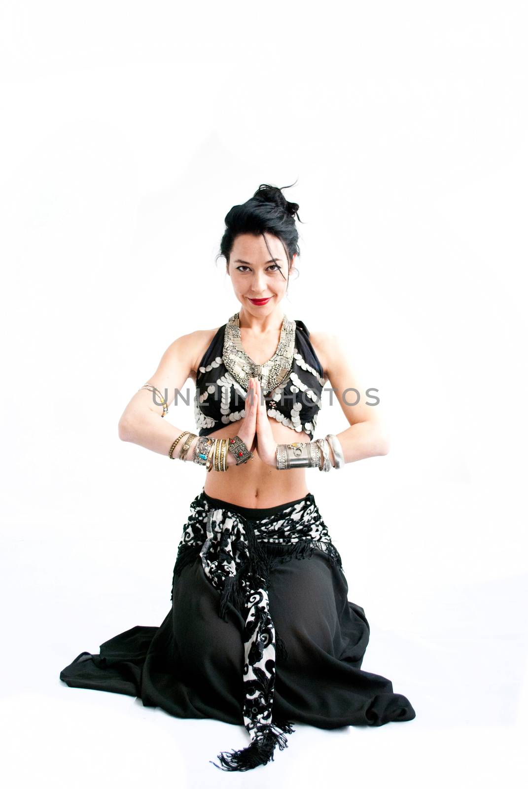 exotic young belly dancer, oriental dance isolated on white background