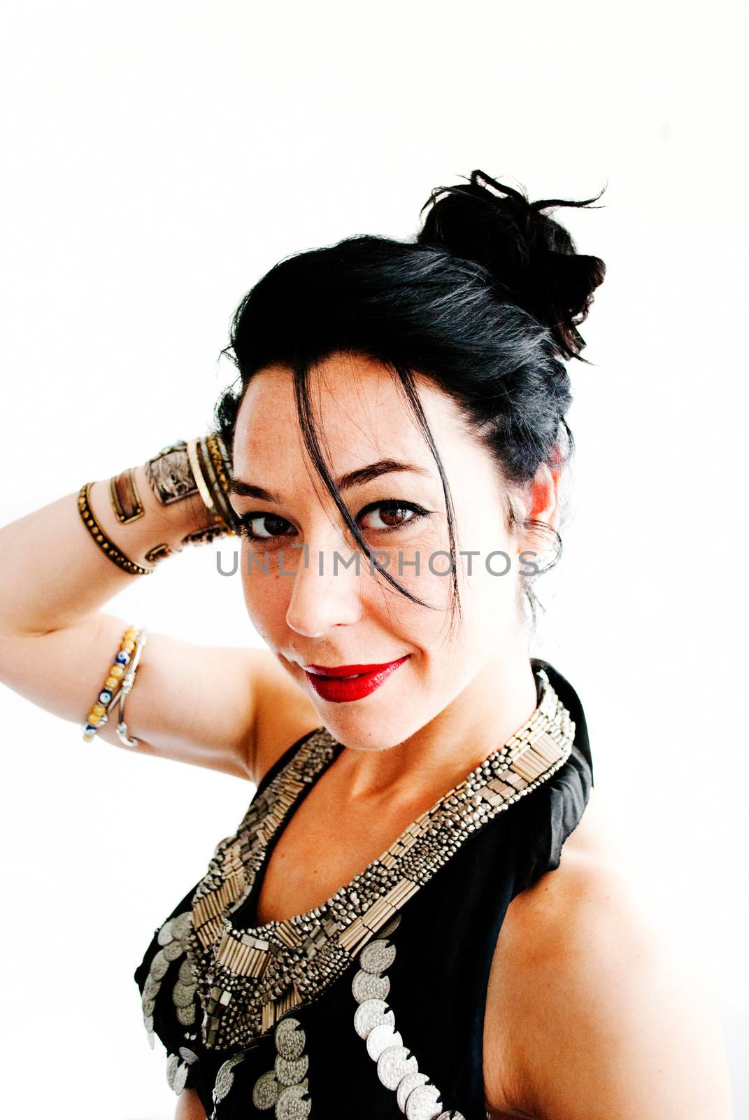 exotic young belly dancer, oriental dance isolated on white background