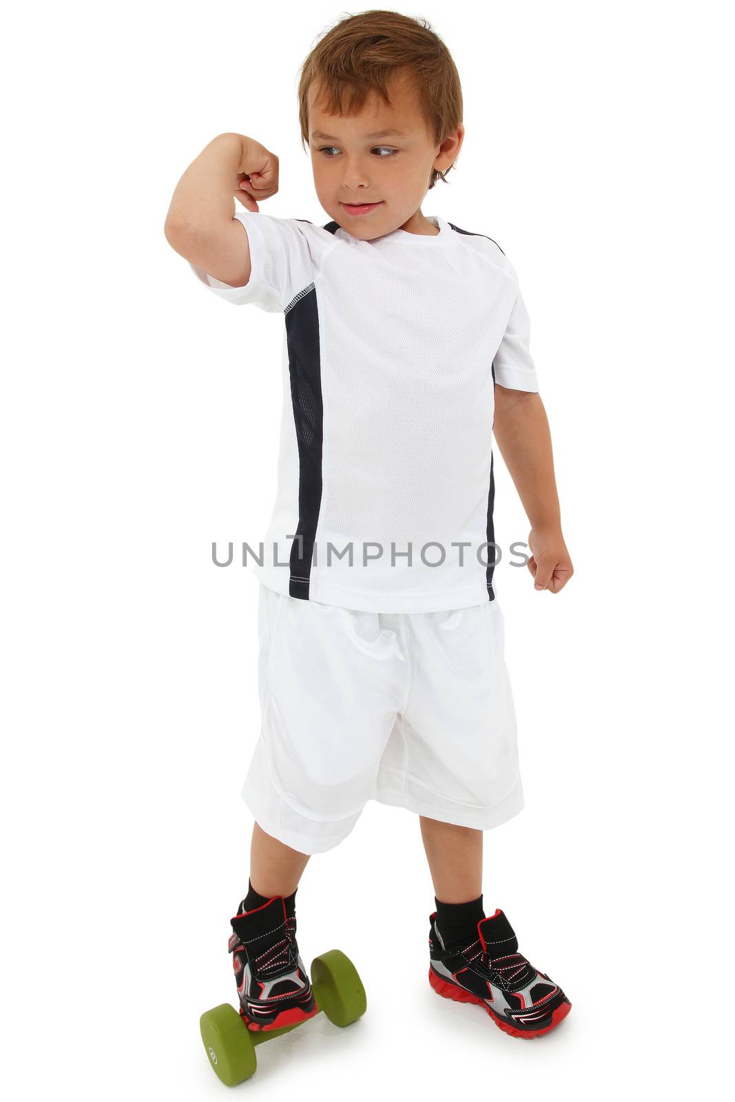 Adorable Caucasian preschool boy with dumbbells over white. With by duplass