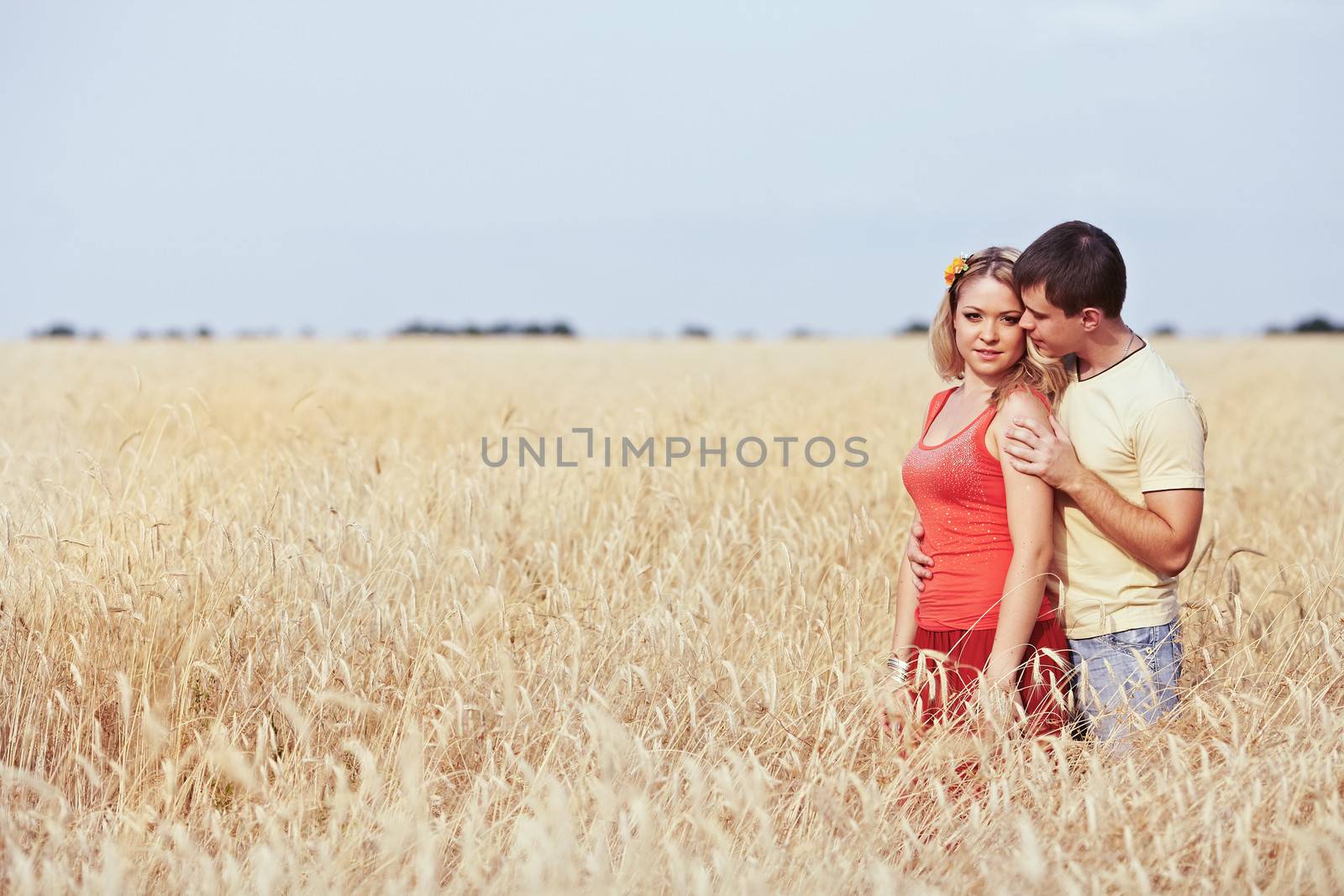 Man embraces a girl in a wheat field