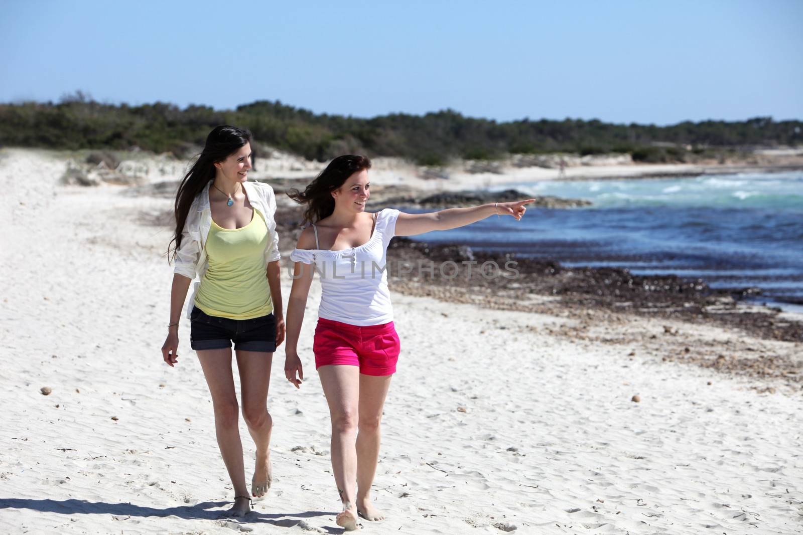 Two attractive woman walking on a beach by Farina6000