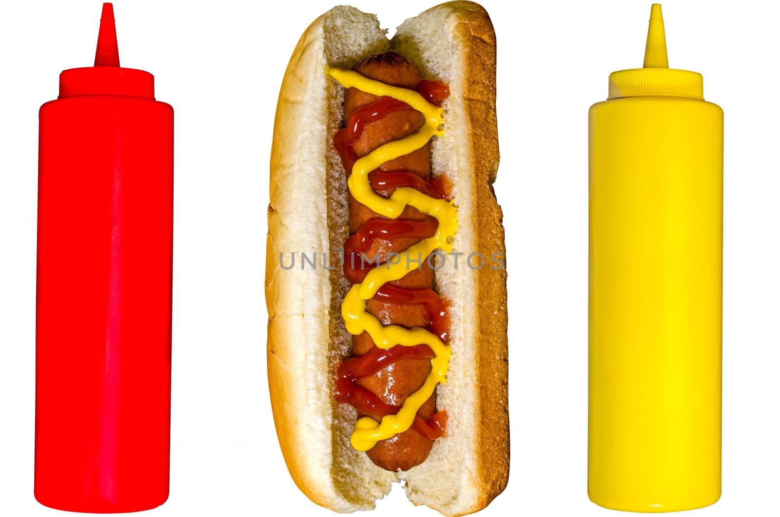 Hot dog with ketchup and mustard bottles isolated on white background.