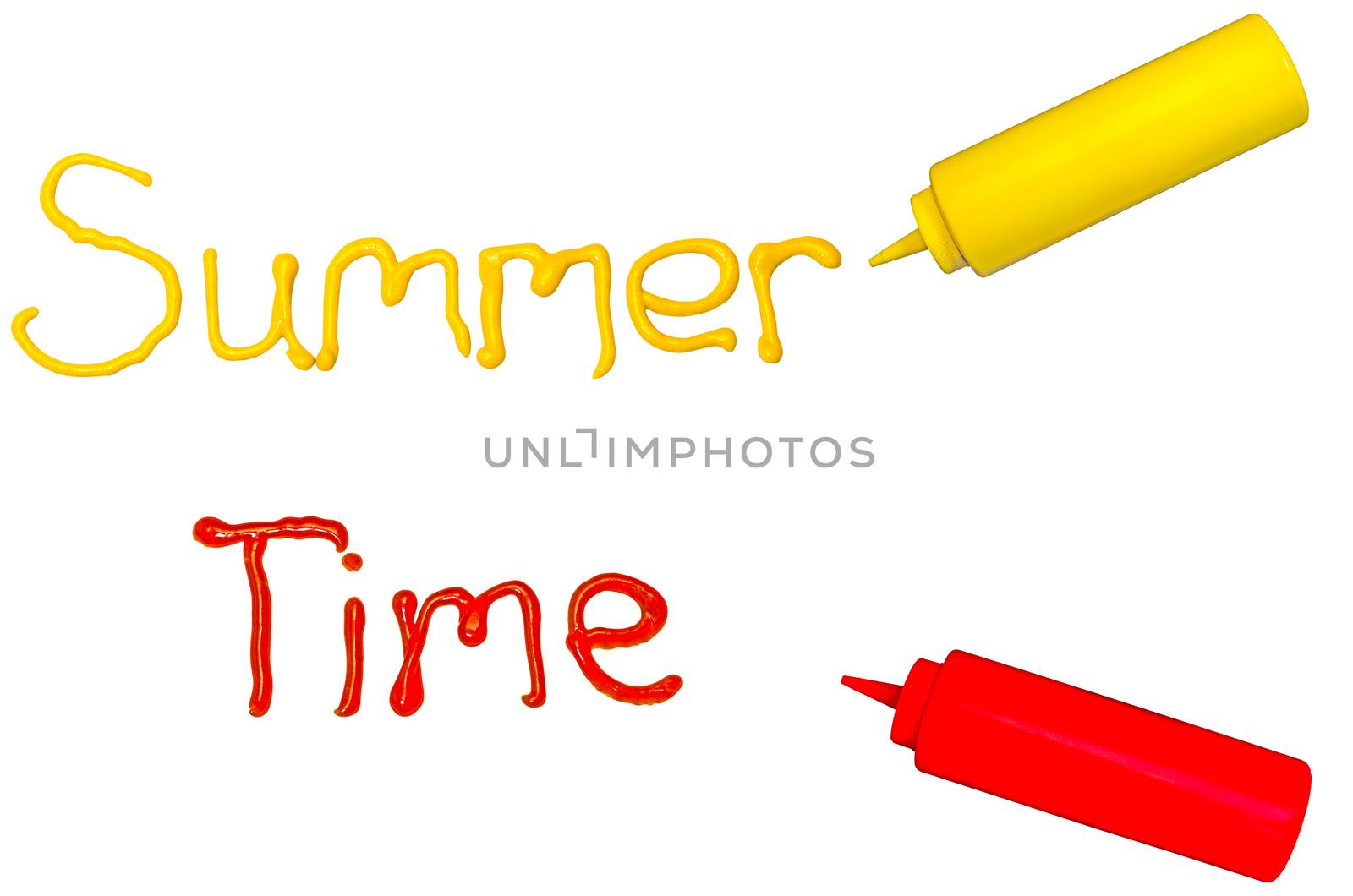 Summer time.  The words summer and time written in cursive with mustard and ketchup.
