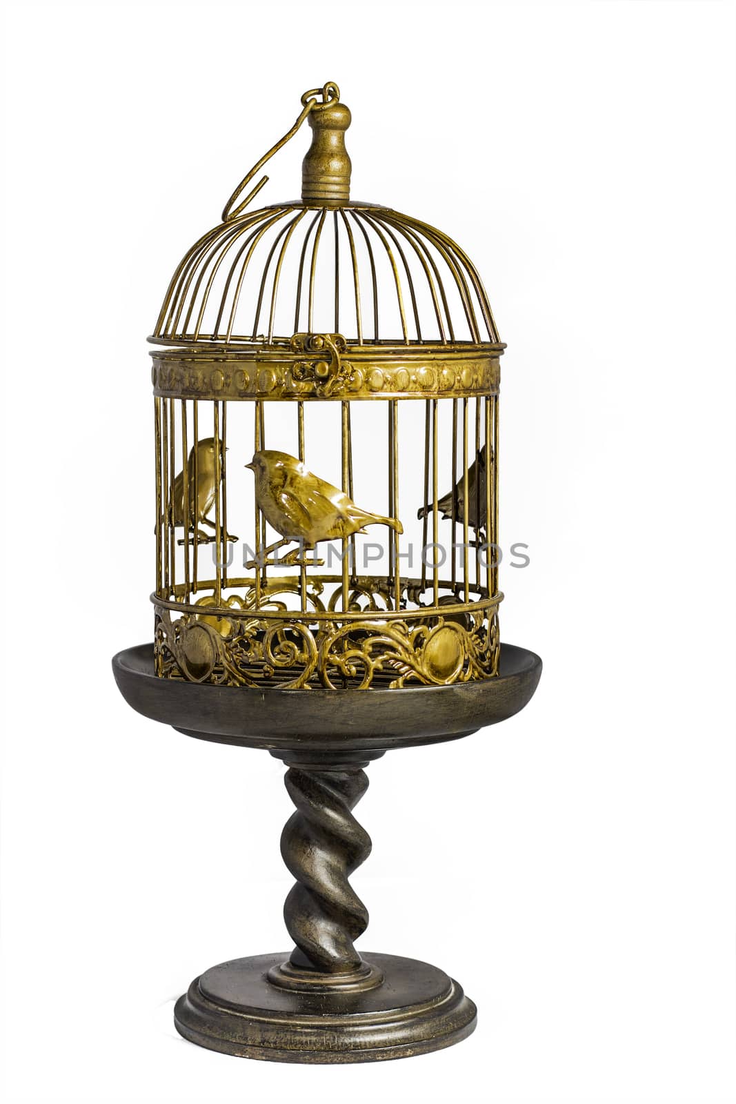 A gold and brown birdcage sitting on top of a decorative pedestal stand.