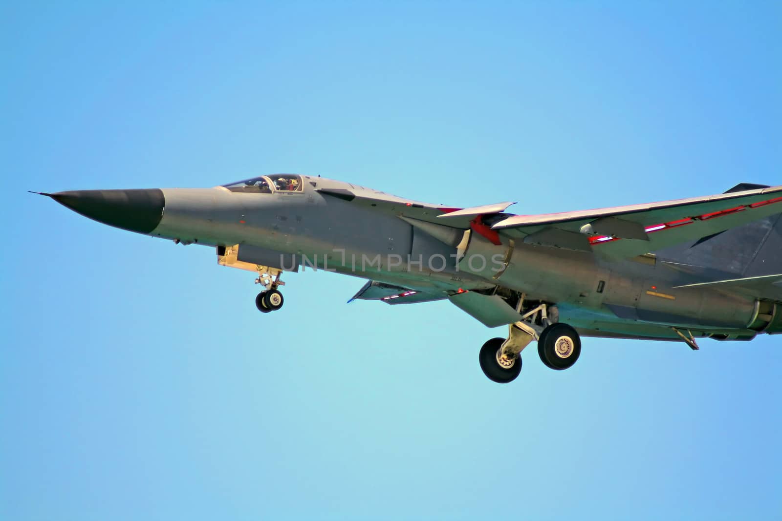 French made Dassault Mirage F 111 fighter bomber in flight.