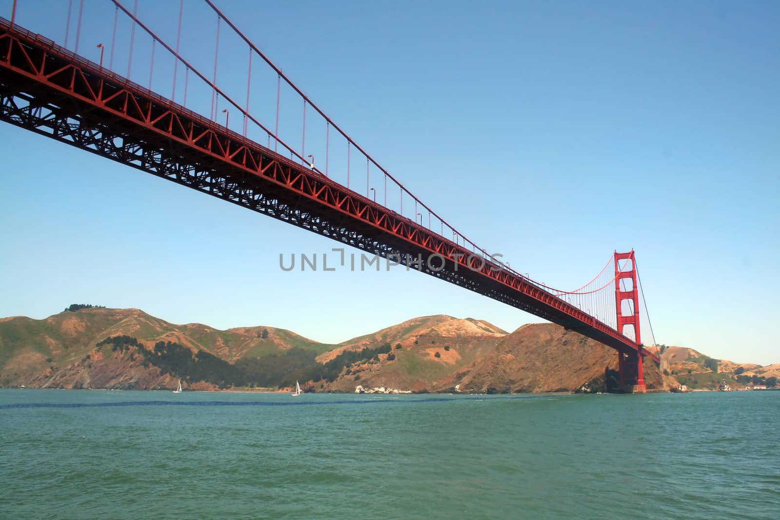 The Golden Gate Bridge in San Francisco from the water on a clear day.
