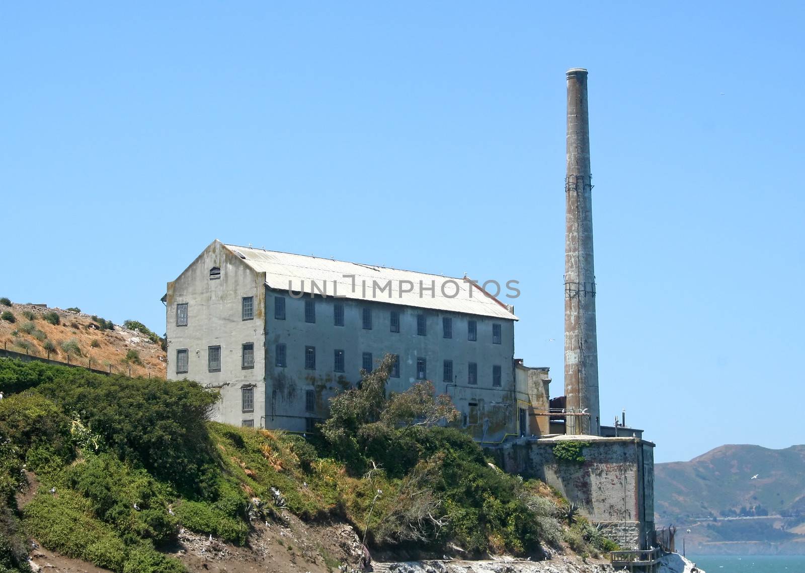 The ruins of the smoke stack and part of the power house facing South on Alcatraz Island.