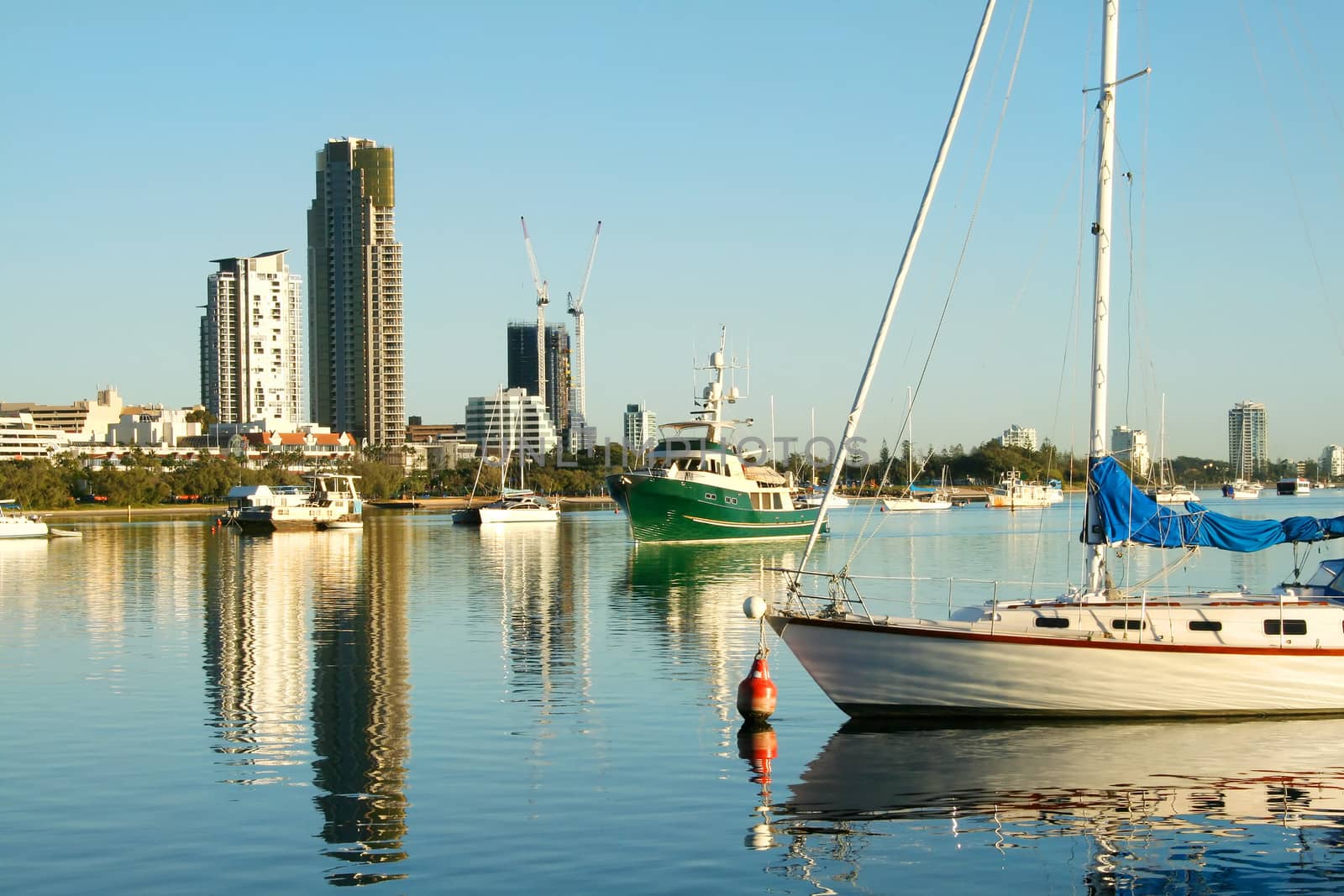 View of the boats on the Broadwater Gold Coast Australia looking toward Southport.