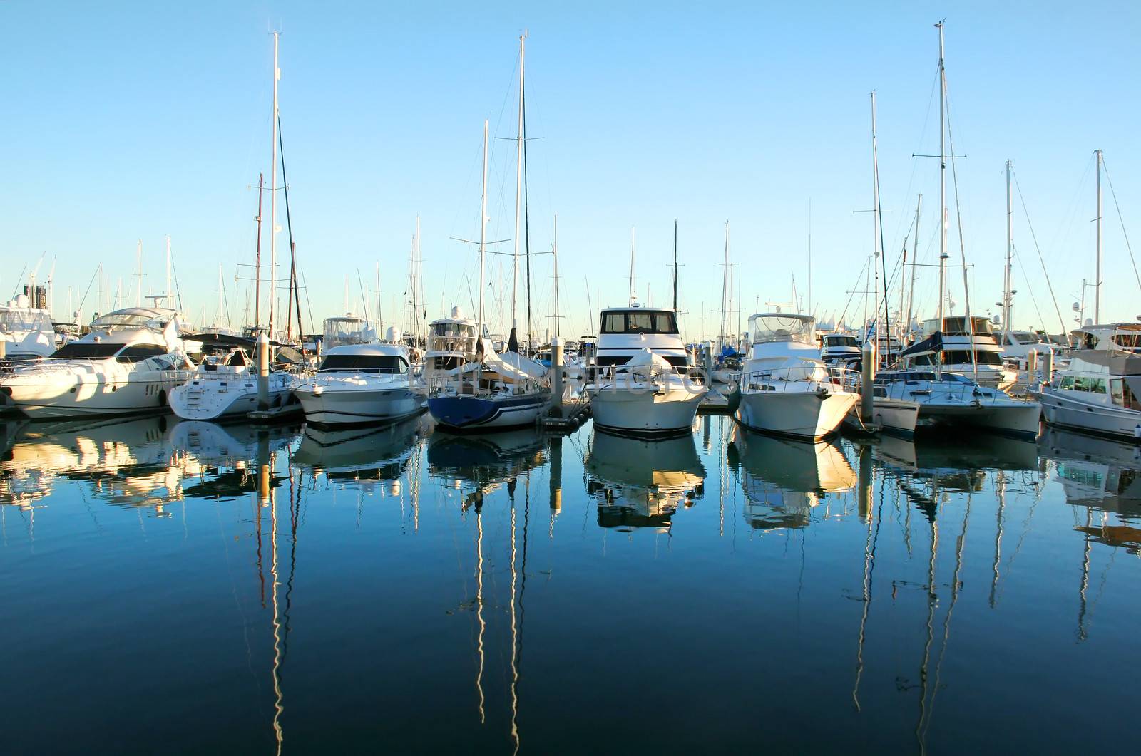 Expensive yachts and boats lined up at the marina at daybreak.