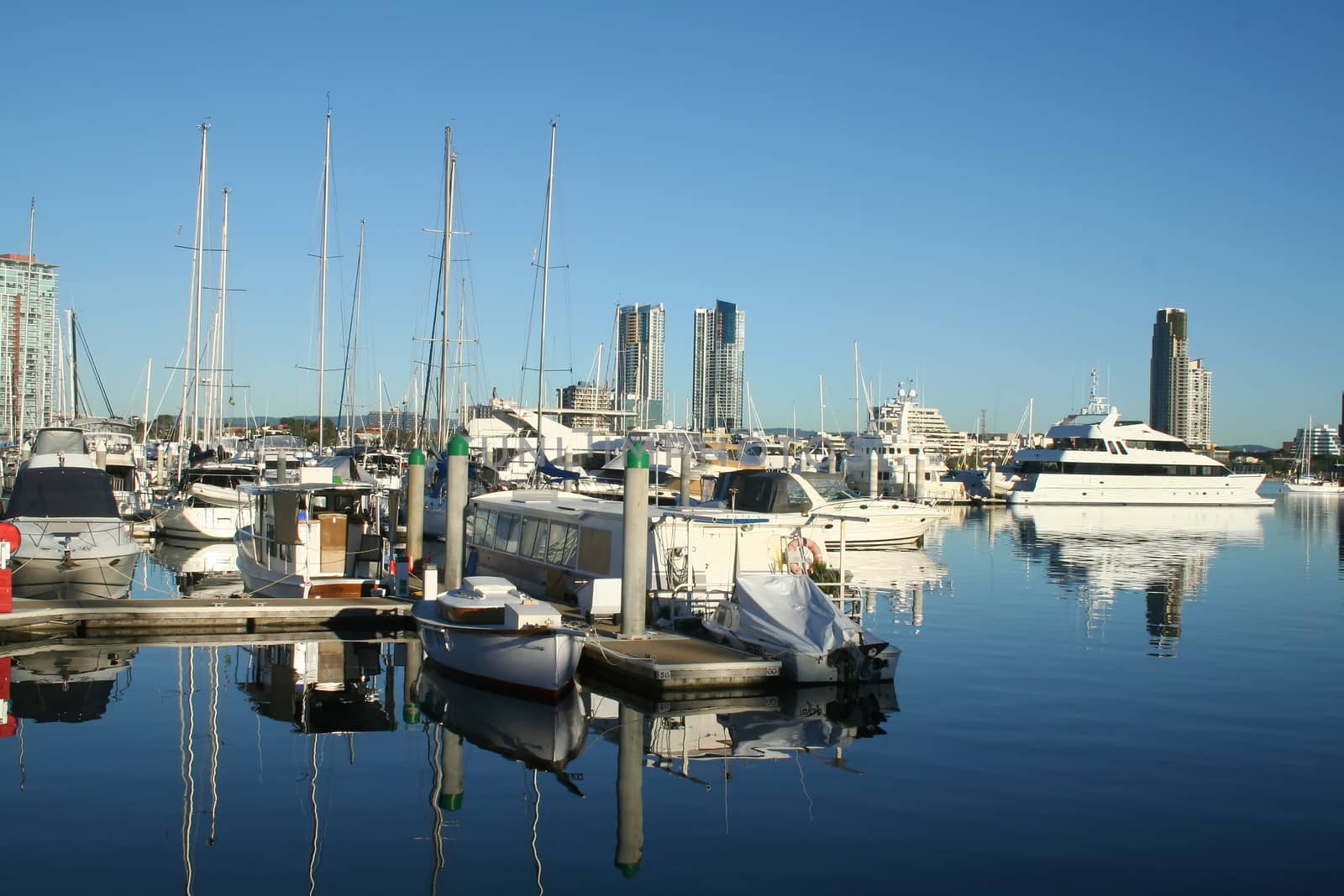 Southport Marina on the Gold Coast Australia just after sunrise with Southport in the background.