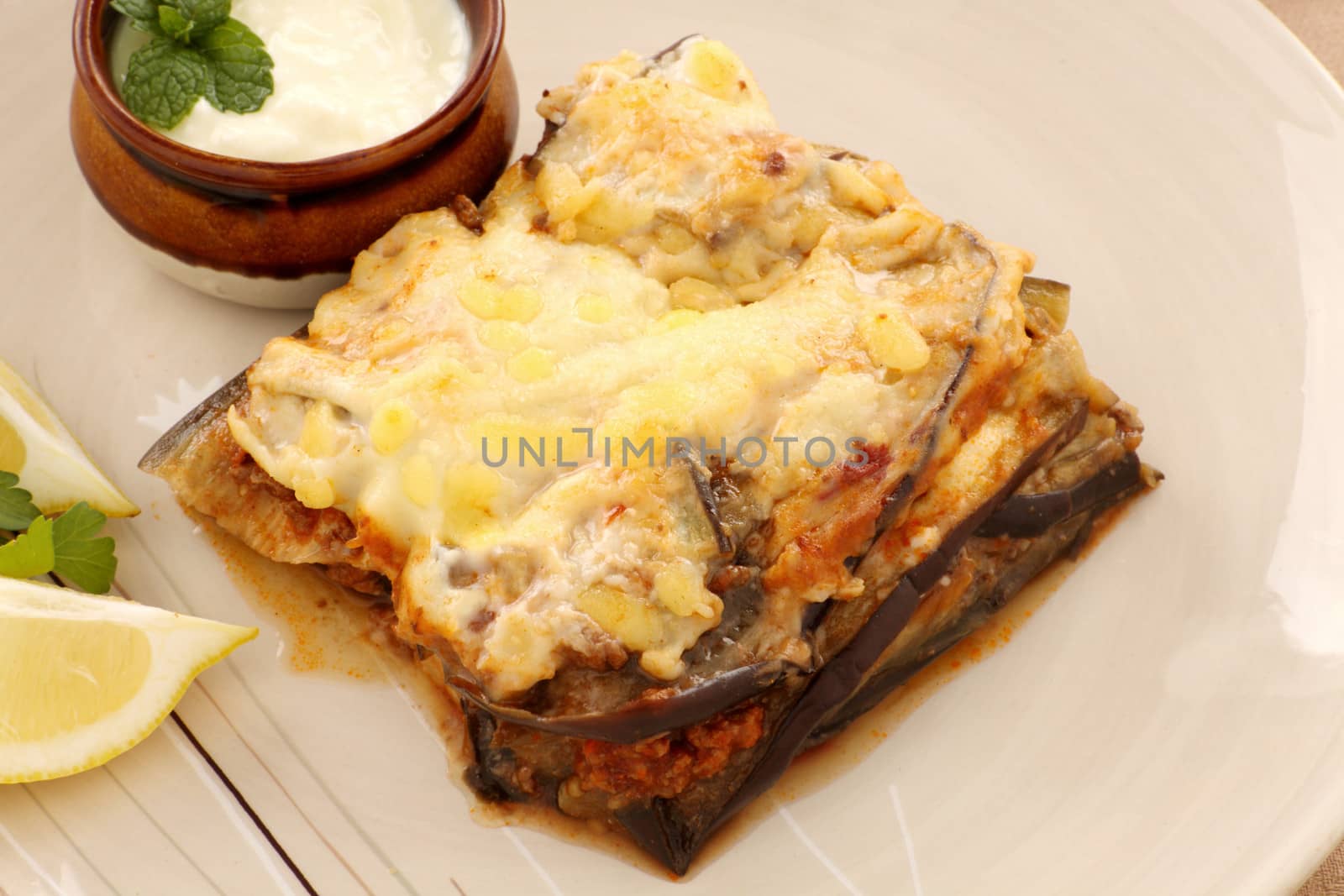 Delicious Greek moussaka with aubergine and yoghurt.
