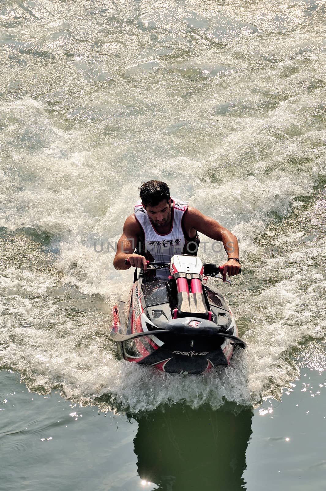 Ales - France - on July 14th, 2013 - Championship of France of Jet Ski on the river Gardon. lifting category or freestyle