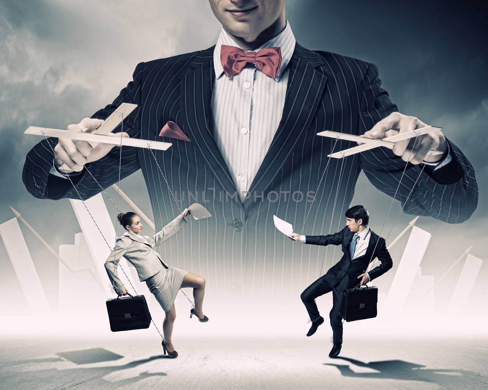 Image of young businessman puppeteer. Leadership concept