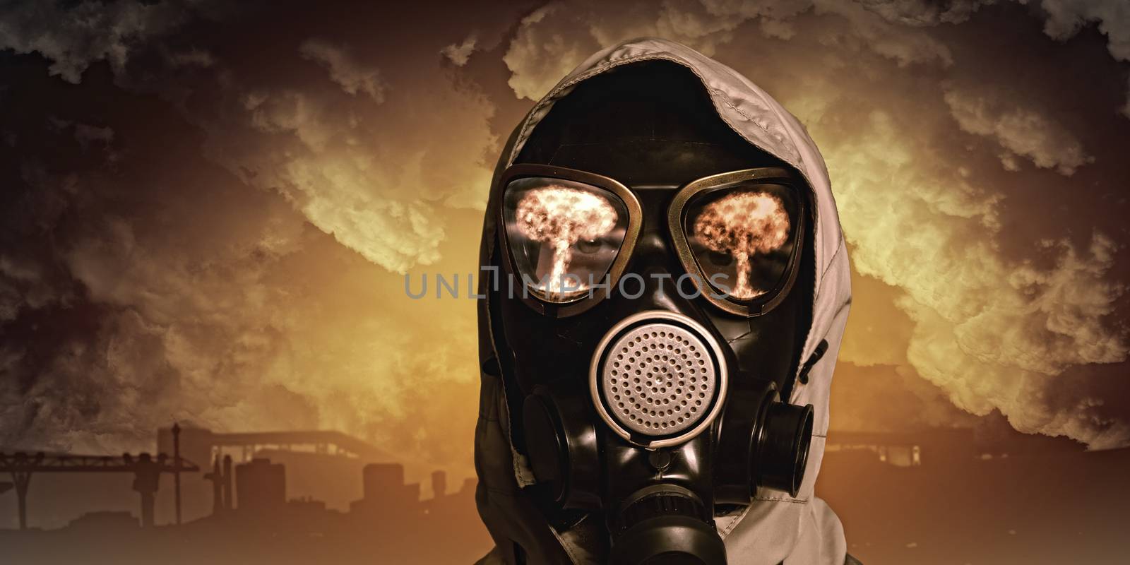 Image of man in gas mask. Ecology concept