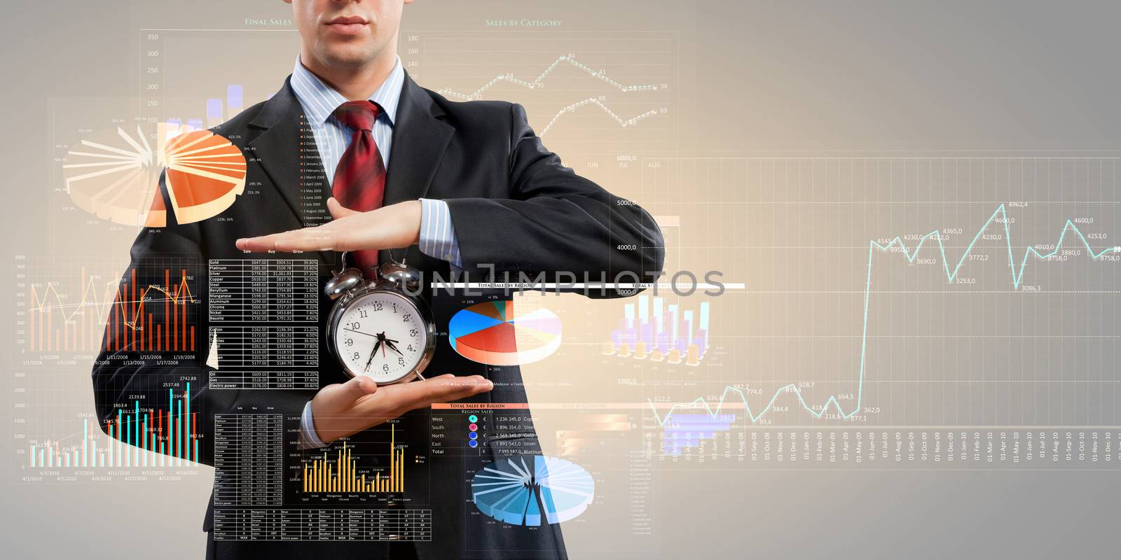 Image of businessman holding alarmclock against illustration background. Collage