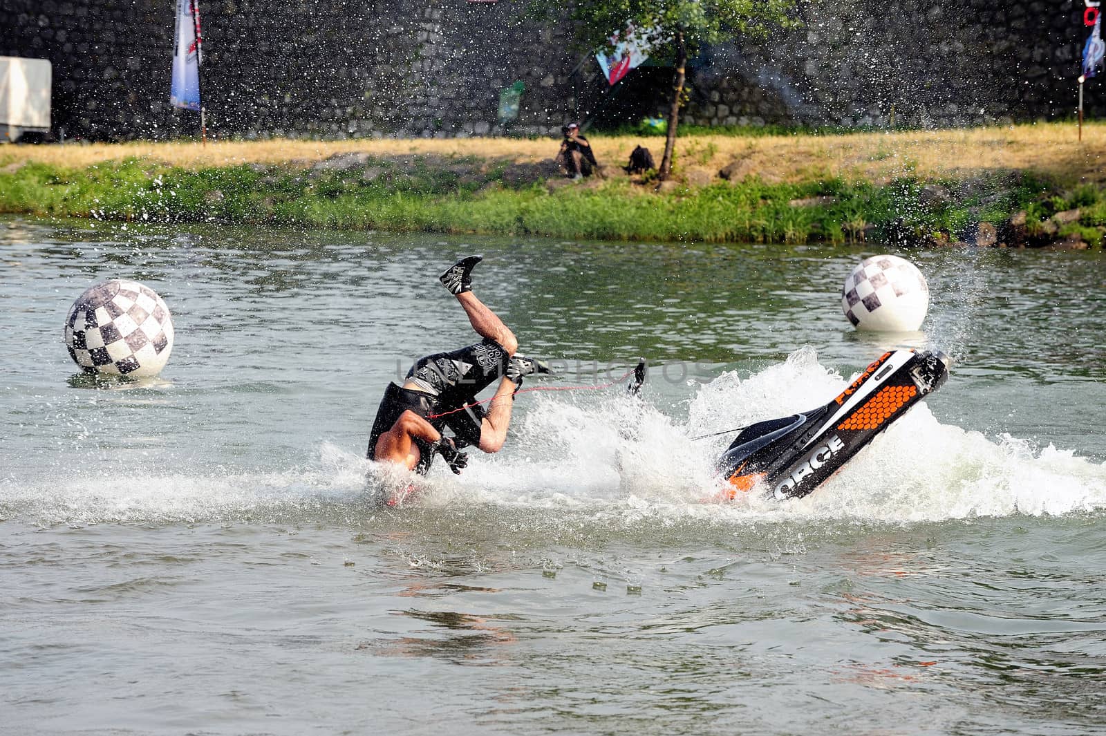 Ales - France - on July 14th, 2013 - Championship of France of Jet Ski on the river Gardon. lifting category or freestyle