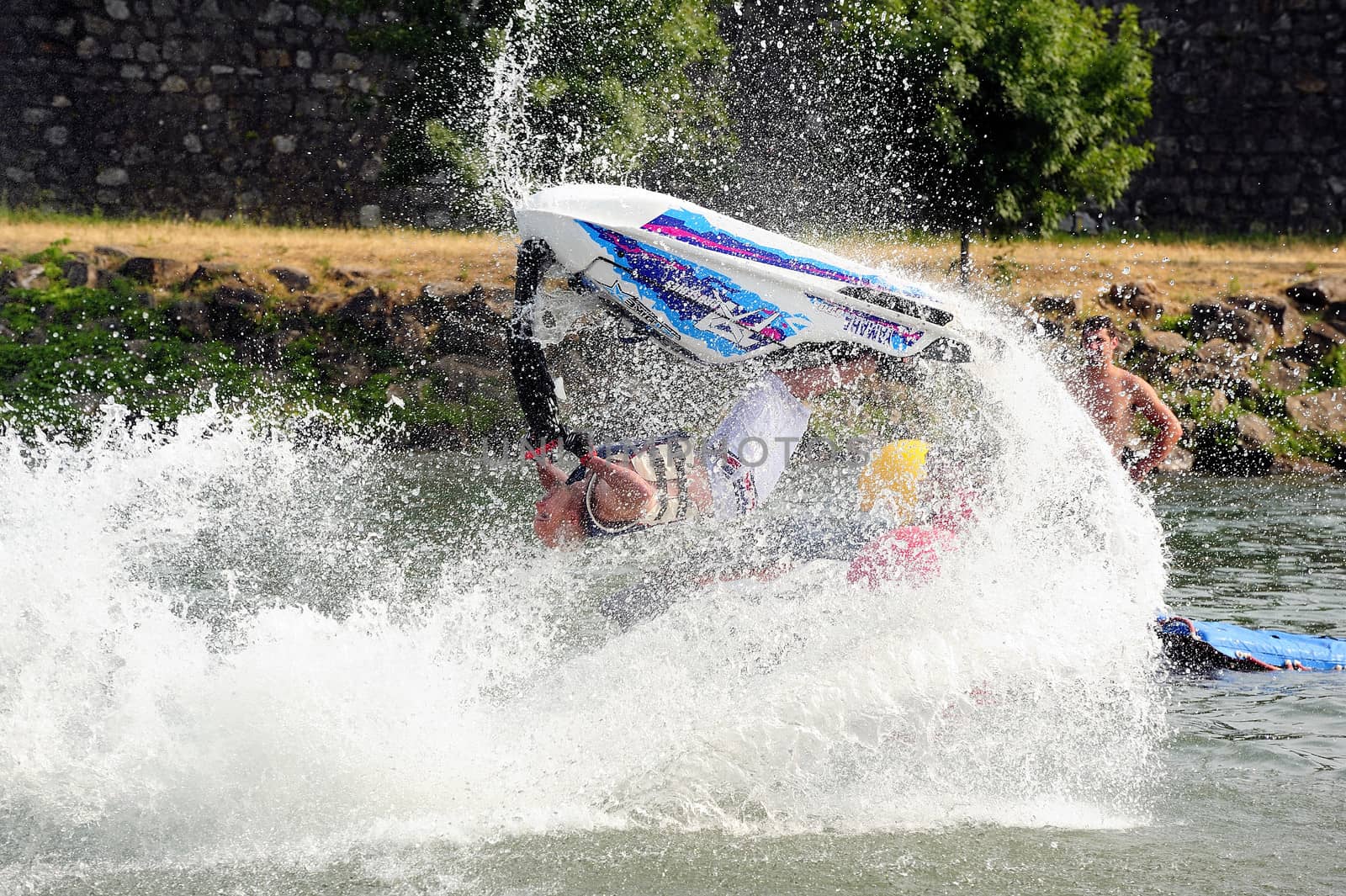 Ales - France - on July 14th, 2013 - Championship of France of Jet Ski on the river Gardon. lifting category or freestyle