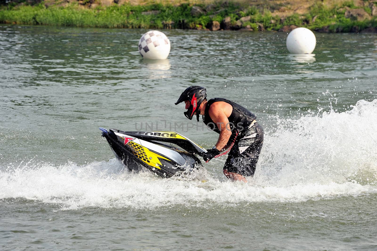 Ales - France - on July 14th, 2013 - Championship of France of Jet Ski on the river Gardon. lifting category or freestyle