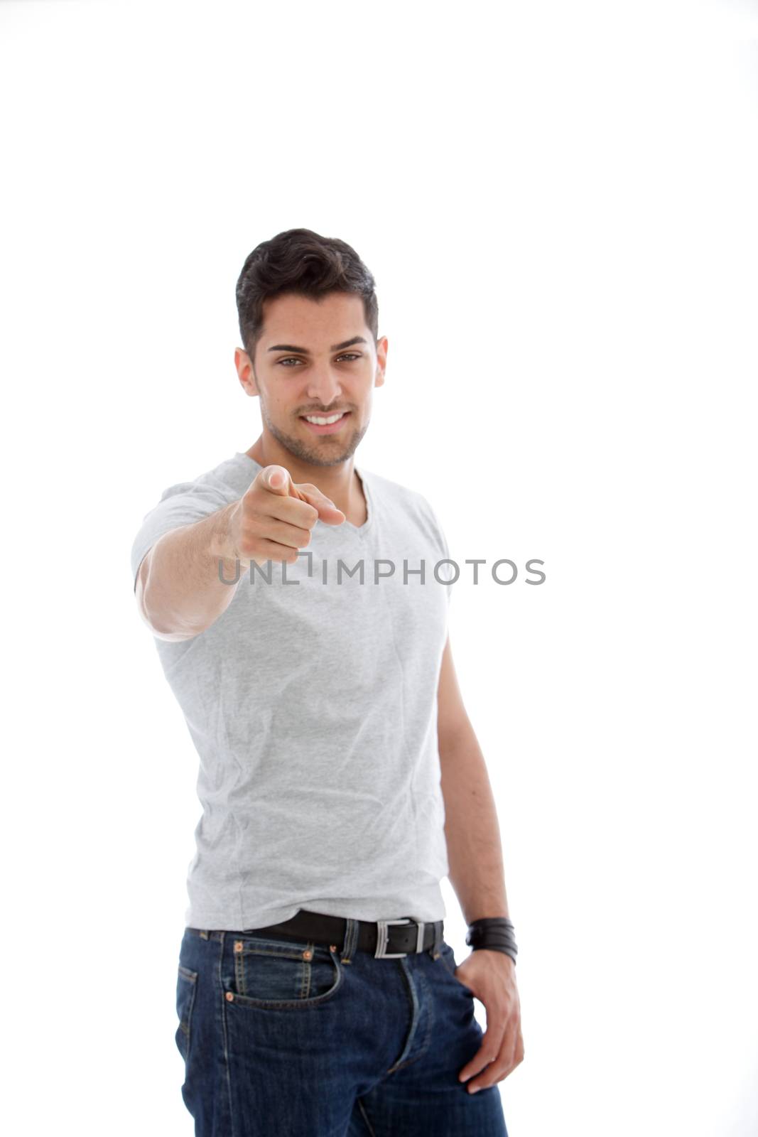Indian American man standing and pointing in a front view shot