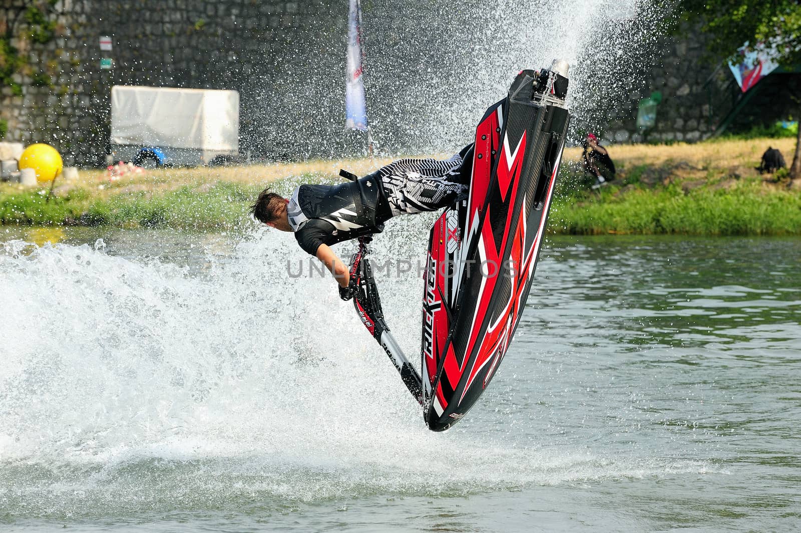 Ales - France - on July 14th, 2013 - Championship of France of Jet Ski on the river Gardon. lifting category or freestyle