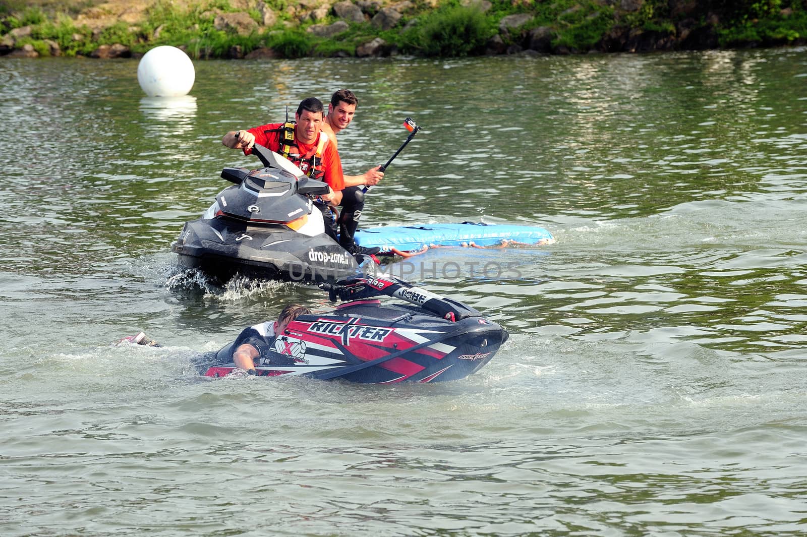 Ales - France - on July 14th, 2013 - Championship of France of Jet Ski on the river Gardon. lifting category or freestyle