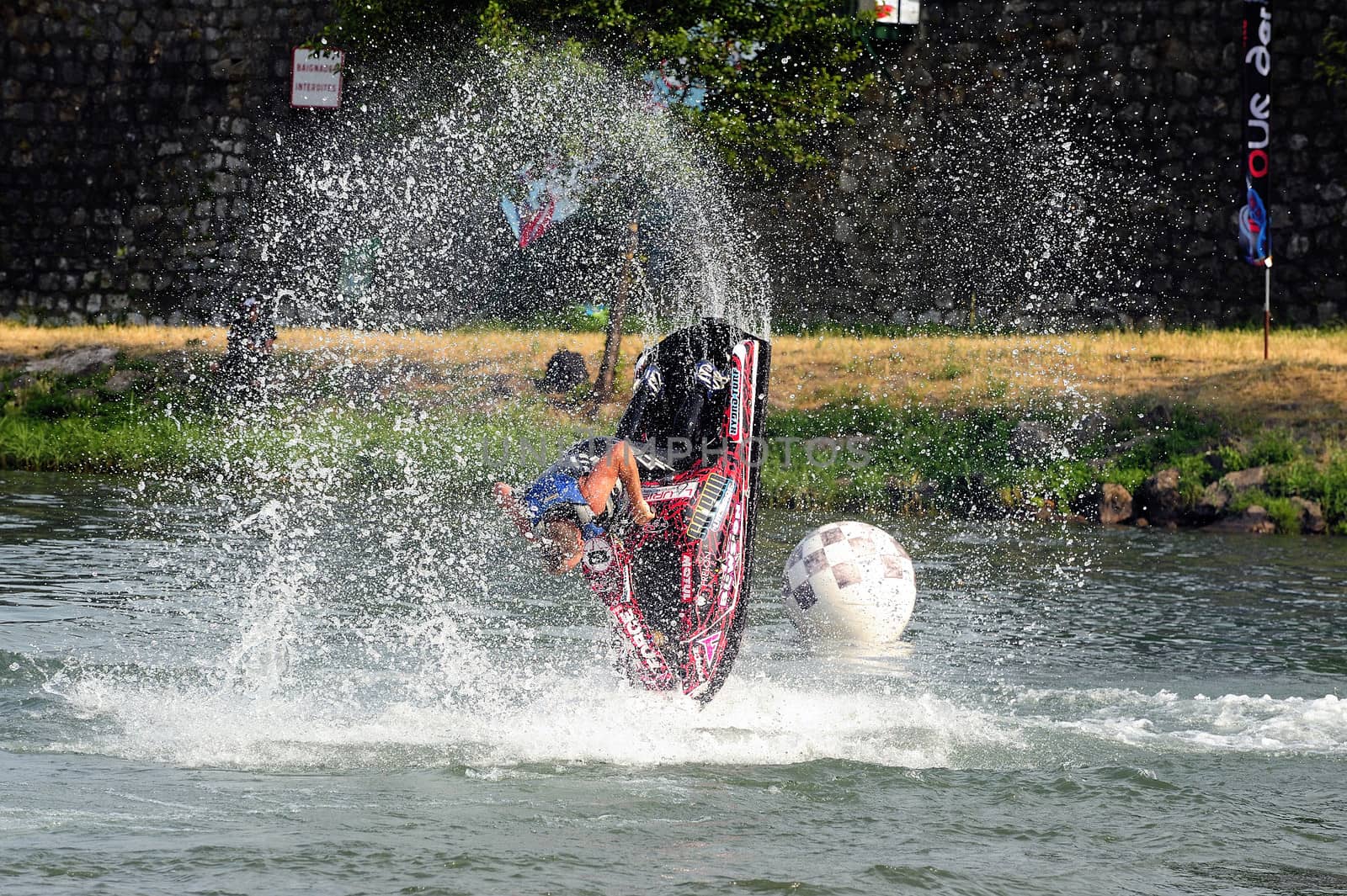 Ales - France - on July 14th, 2013 - Championship of France of Jet Ski on the river Gardon. lifting category or freestyle