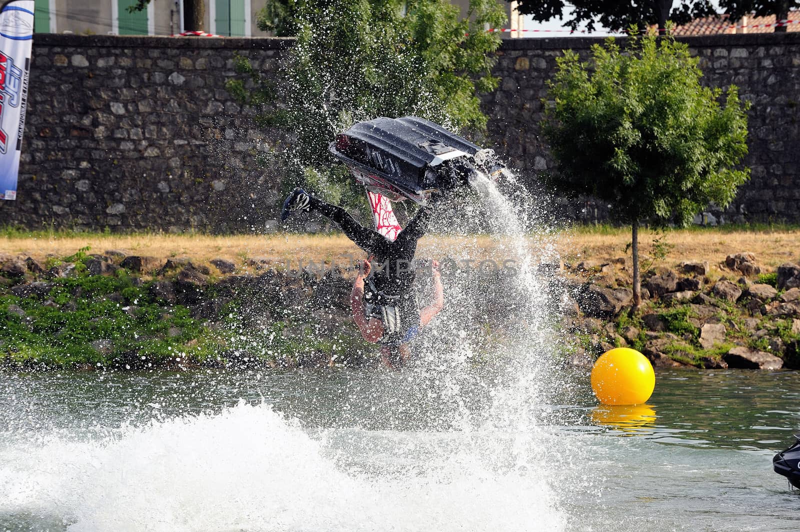 Ales - France - on July 14th, 2013 - Championship of France of Jet Ski on the river Gardon. lifting category or freestyle