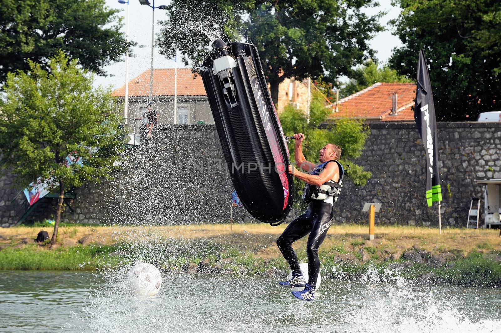 Ales - France - on July 14th, 2013 - Championship of France of Jet Ski on the river Gardon. lifting category or freestyle