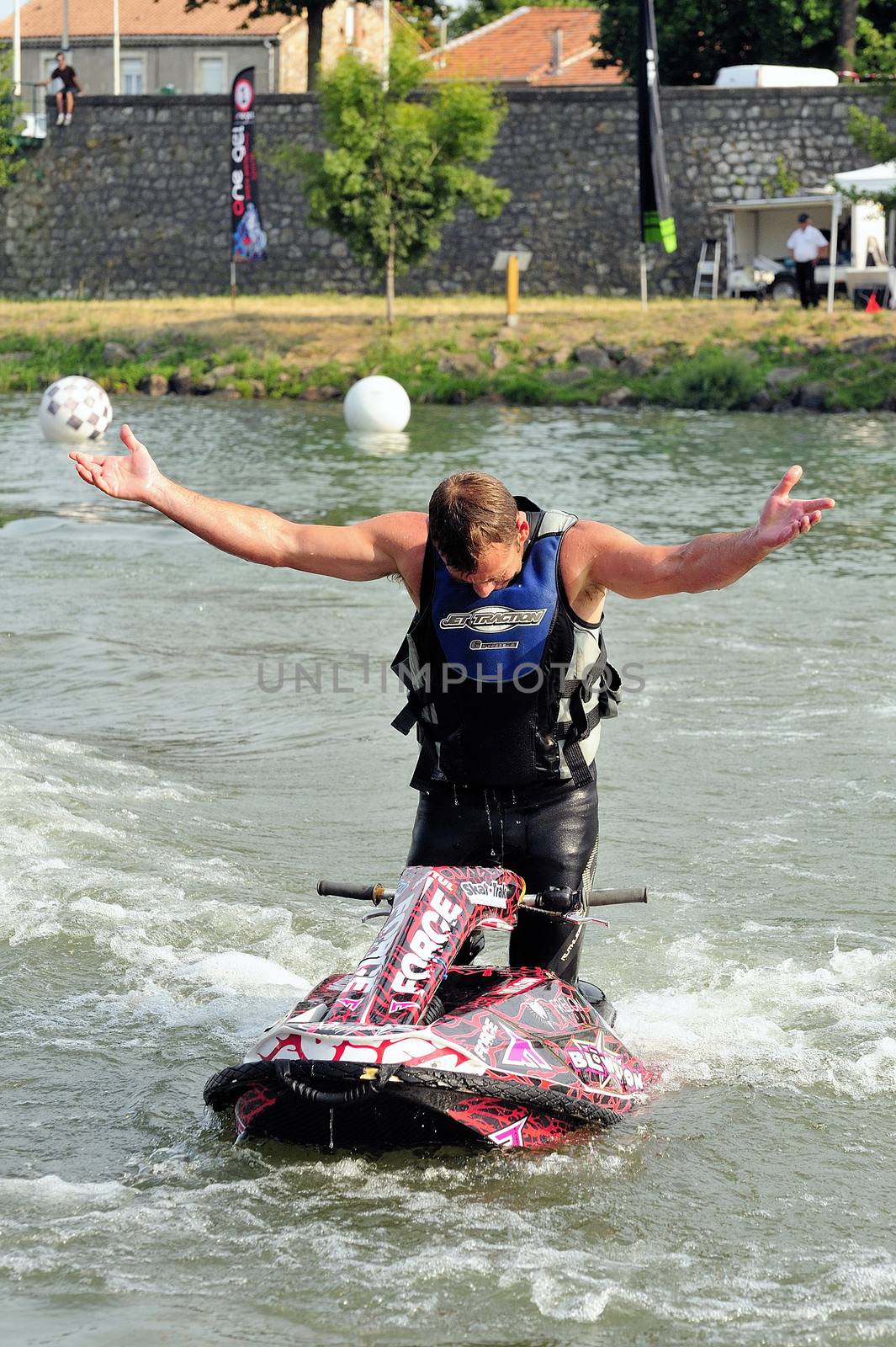 Ales - France - on July 14th, 2013 - Championship of France of Jet Ski on the river Gardon. lifting category or freestyle