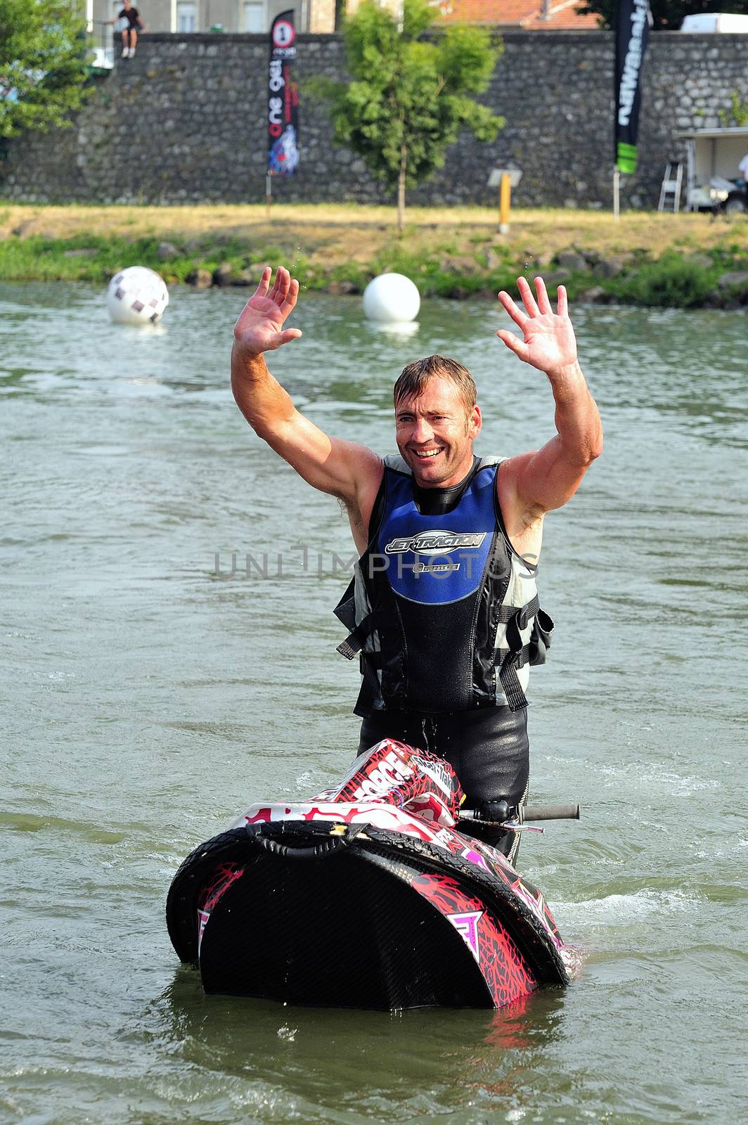 Ales - France - on July 14th, 2013 - Championship of France of Jet Ski on the river Gardon. lifting category or freestyle