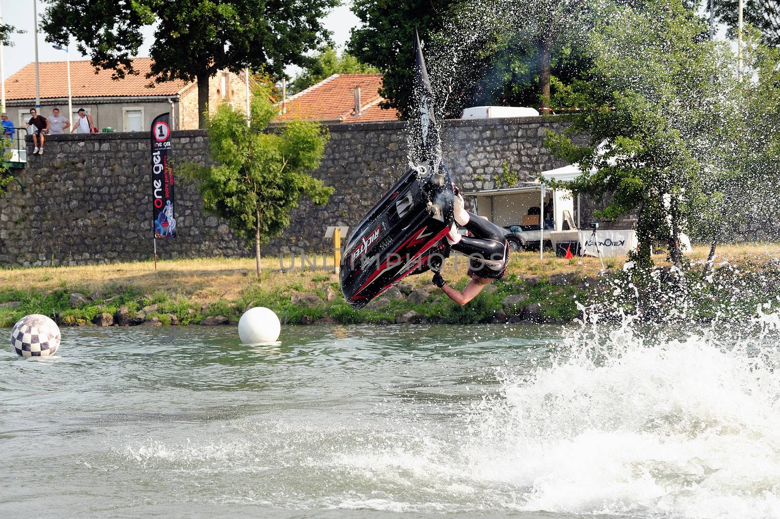 Ales - France - on July 14th, 2013 - Championship of France of Jet Ski on the river Gardon. lifting category or freestyle