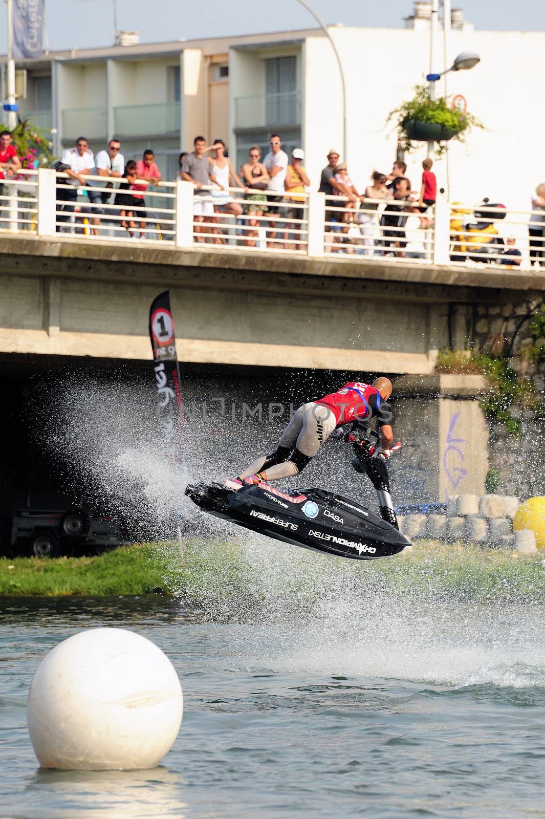 Ales - France - on July 14th, 2013 - Championship of France of Jet Ski on the river Gardon. lifting category or freestyle