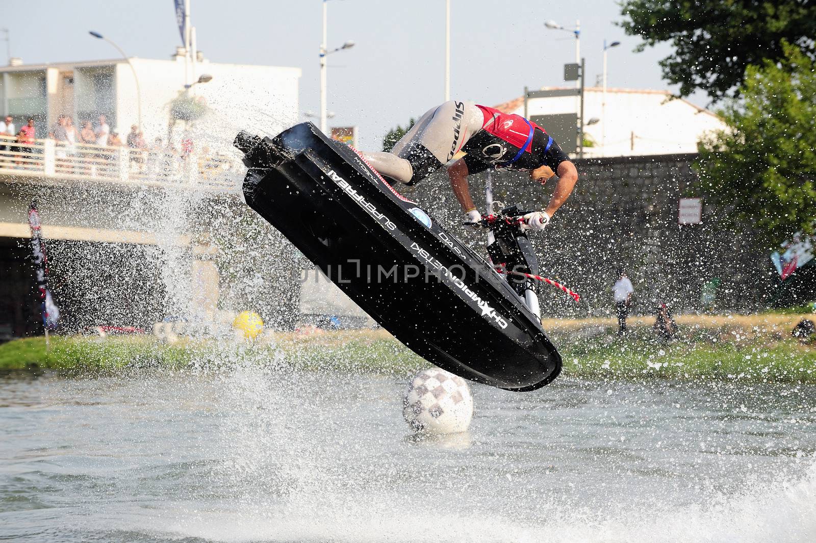 Ales - France - on July 14th, 2013 - Championship of France of Jet Ski on the river Gardon. lifting category or freestyle