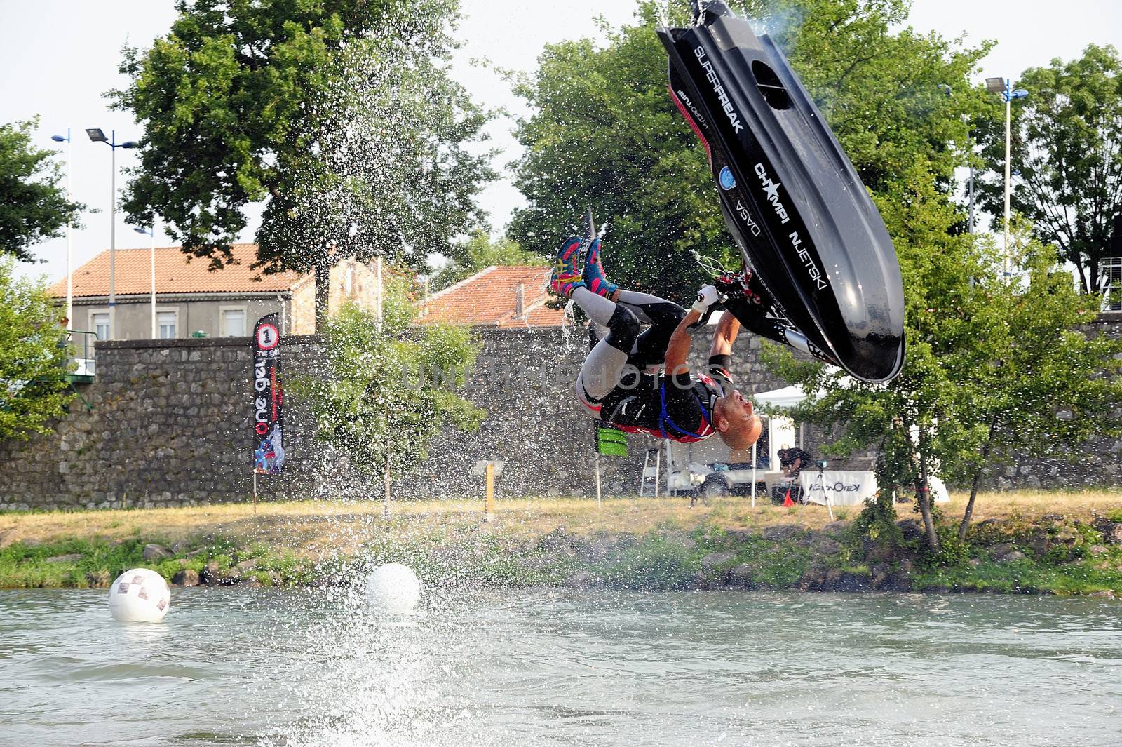 Ales - France - on July 14th, 2013 - Championship of France of Jet Ski on the river Gardon. lifting category or freestyle