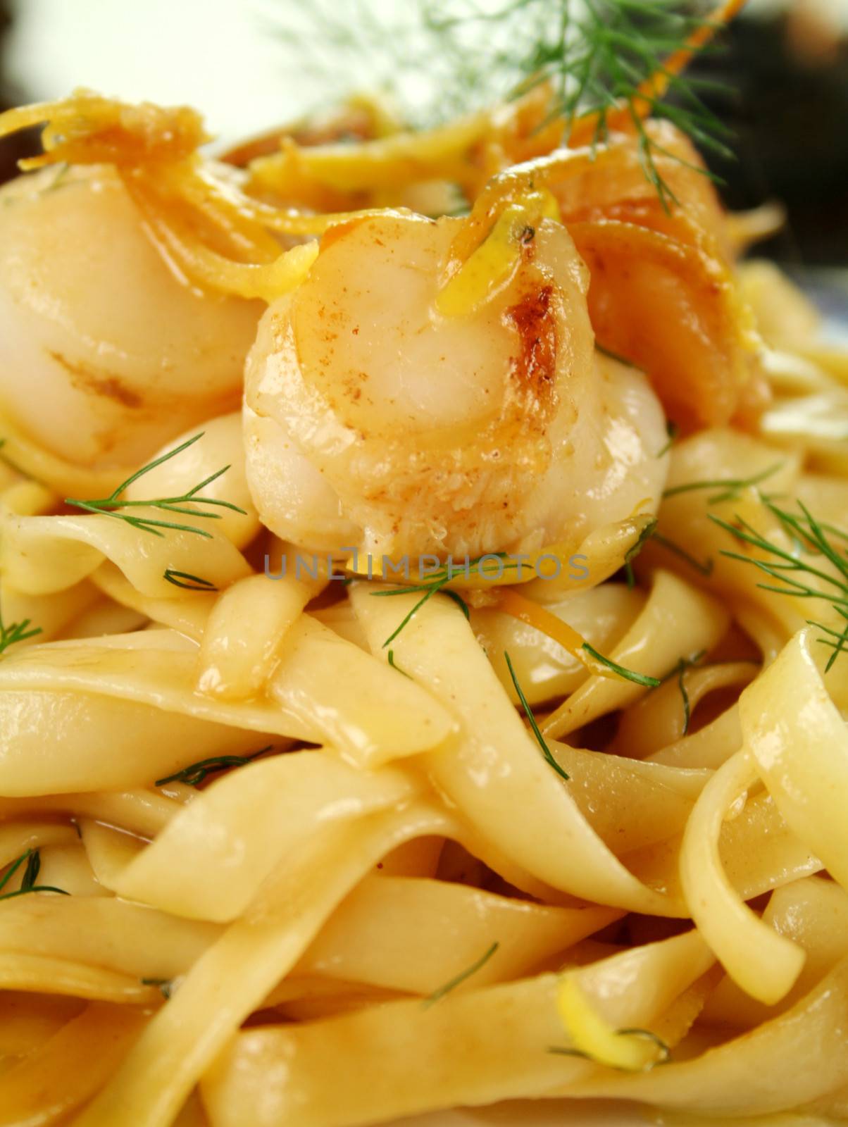 Fettucini with caramelized lemon and dill sea scallops