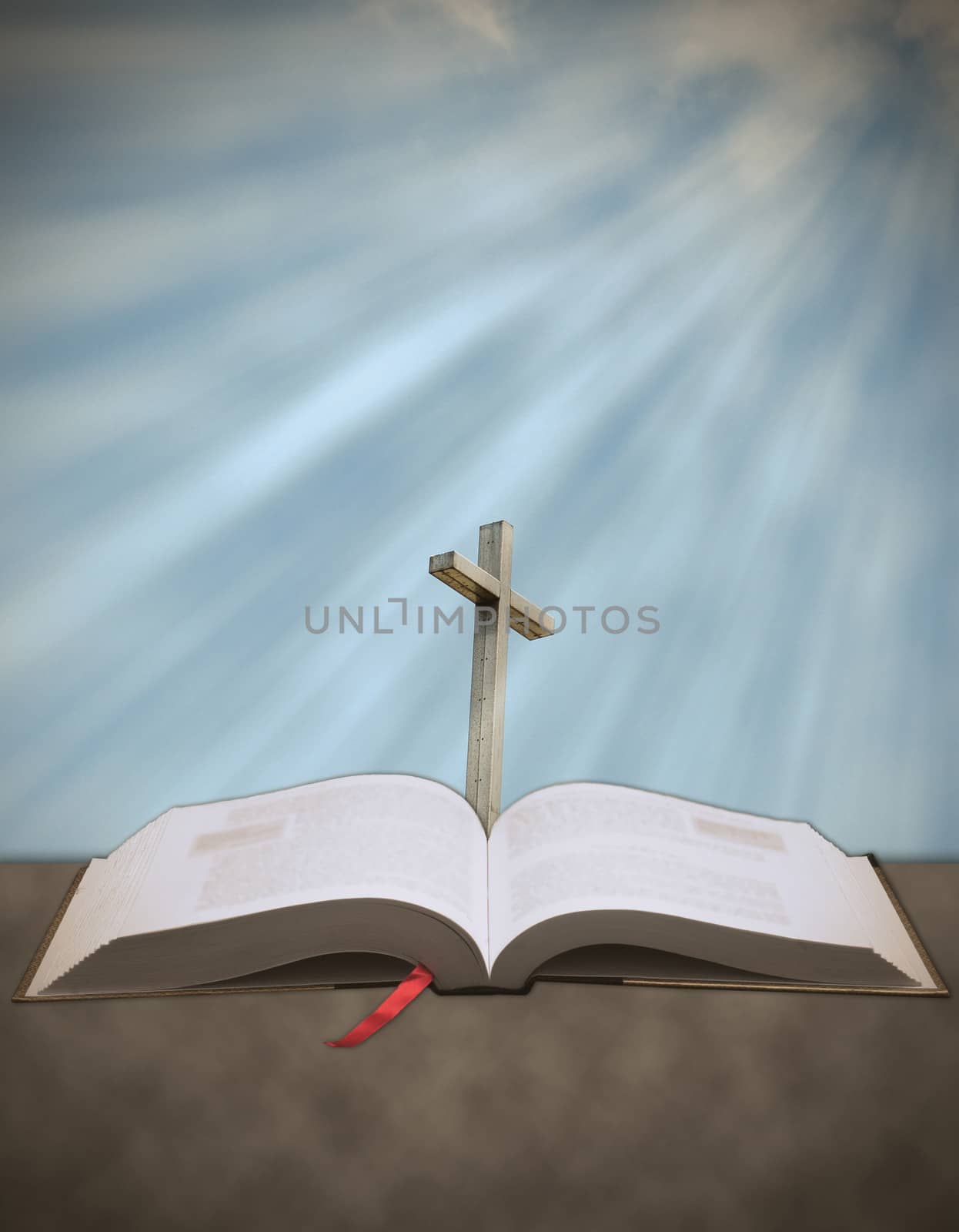Concept of Sun rays shining down from heaven on a Christian cross with bible
