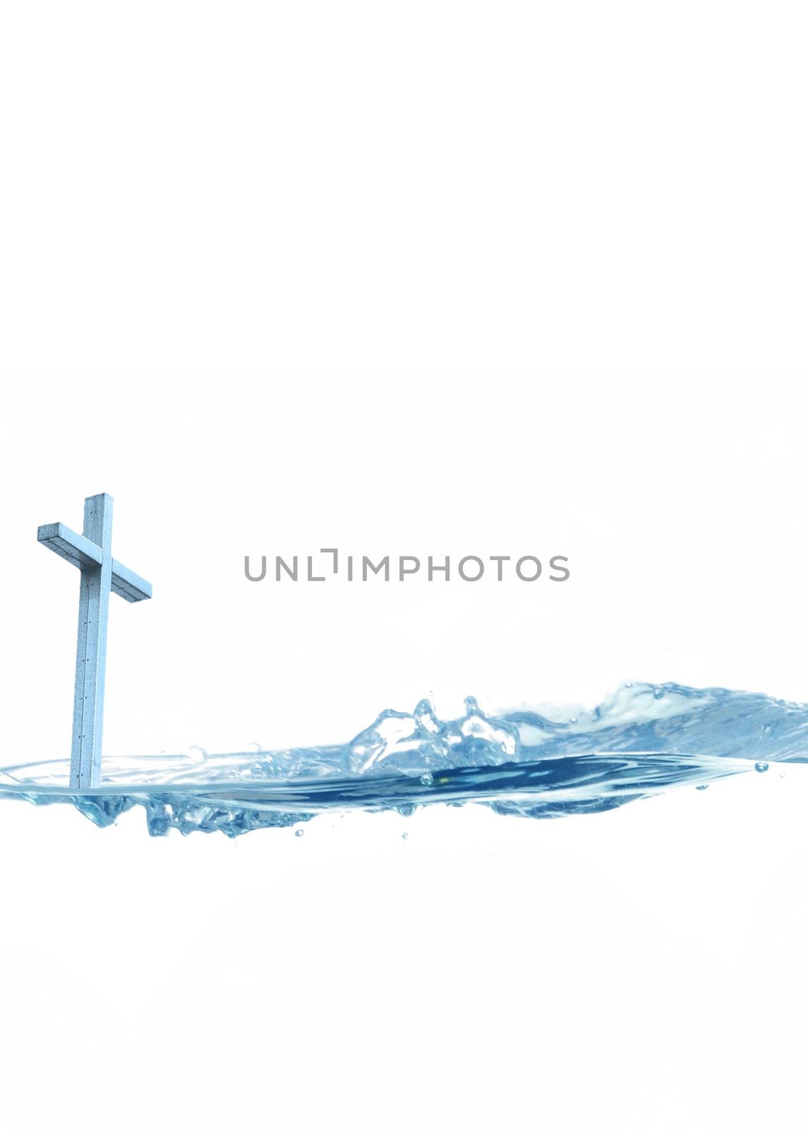 Holy water concept with a Christian cross and blue water