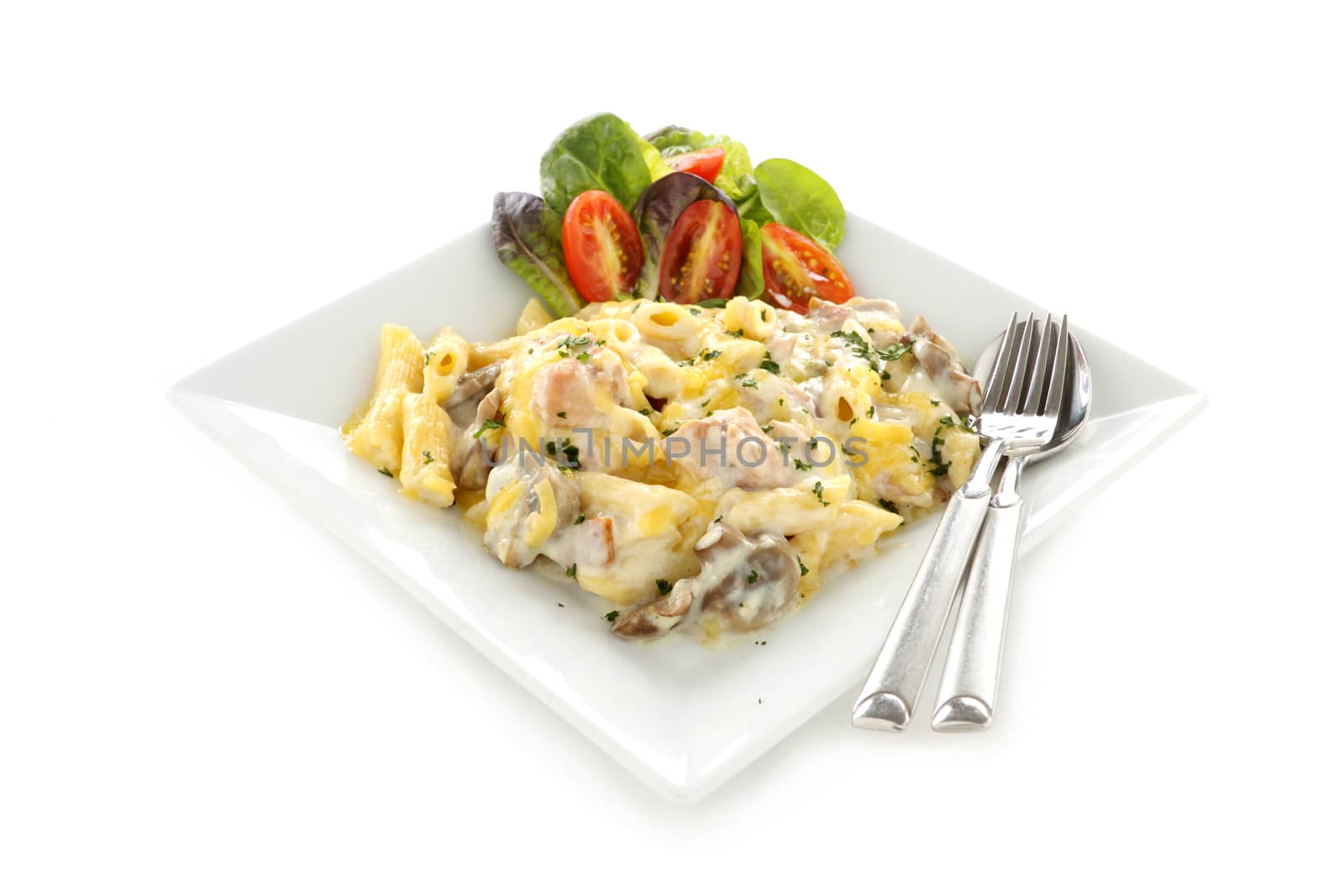 Delicious creamy chicken penne pasta with a garden salad.