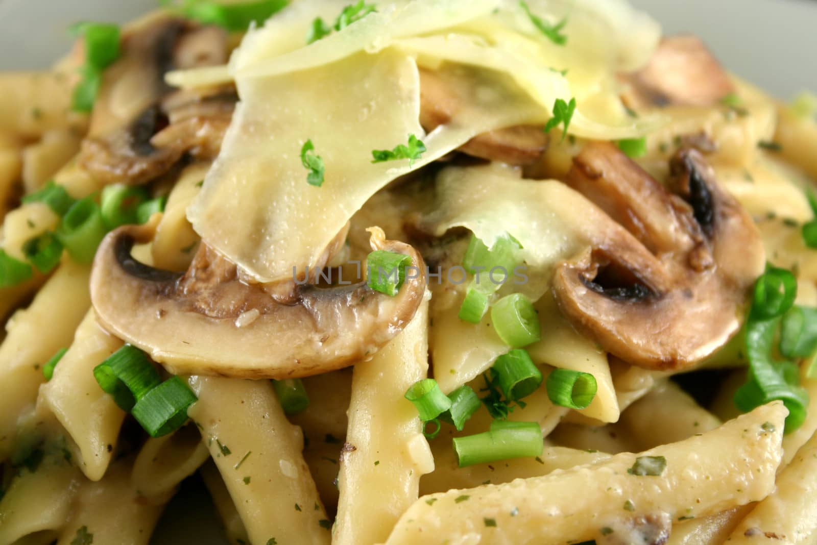 Creamy mushroom penne pasta with shredded cheese.