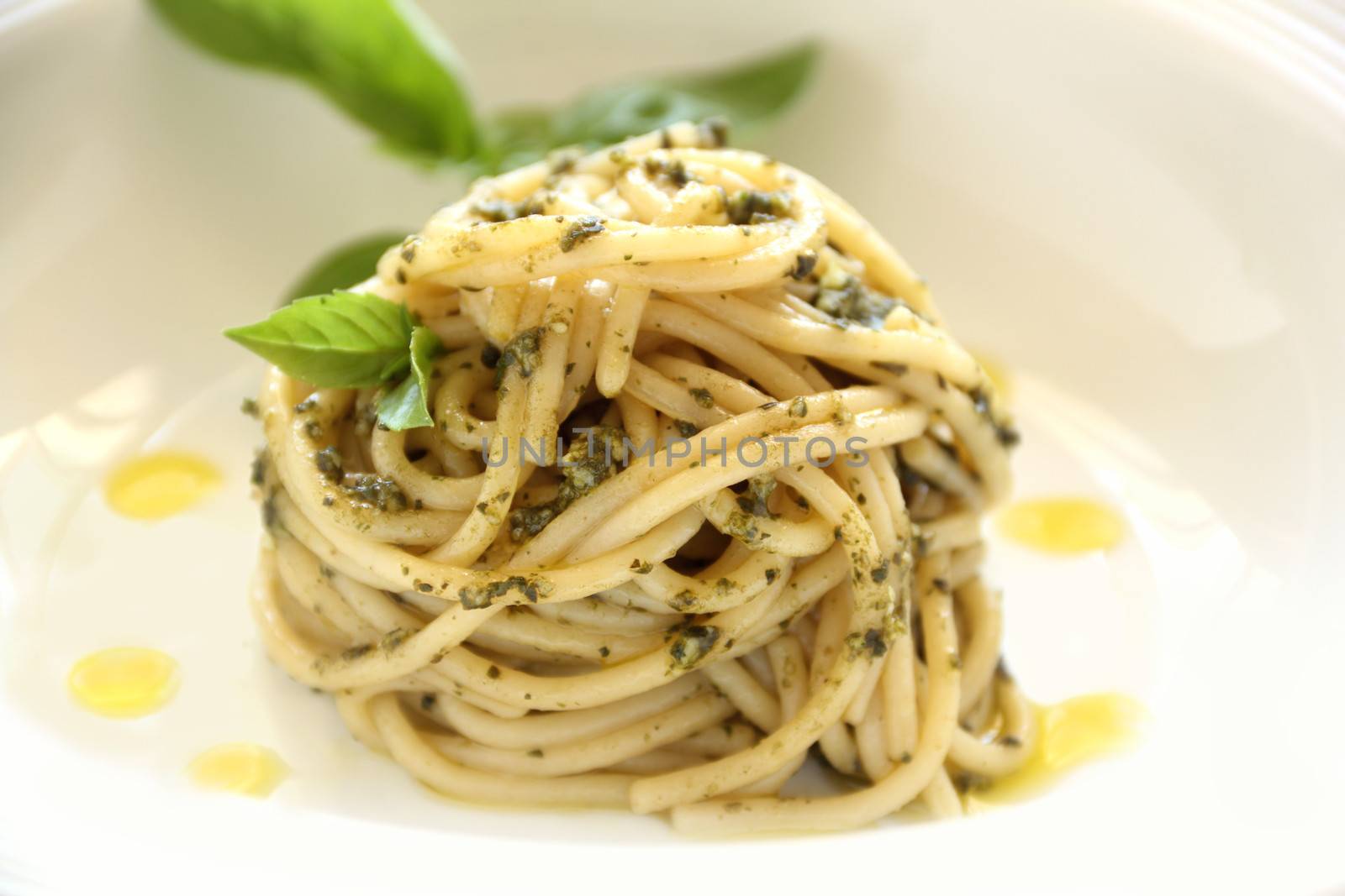 Delicious spaghetti with pesto with basil leaves ready to serve.
