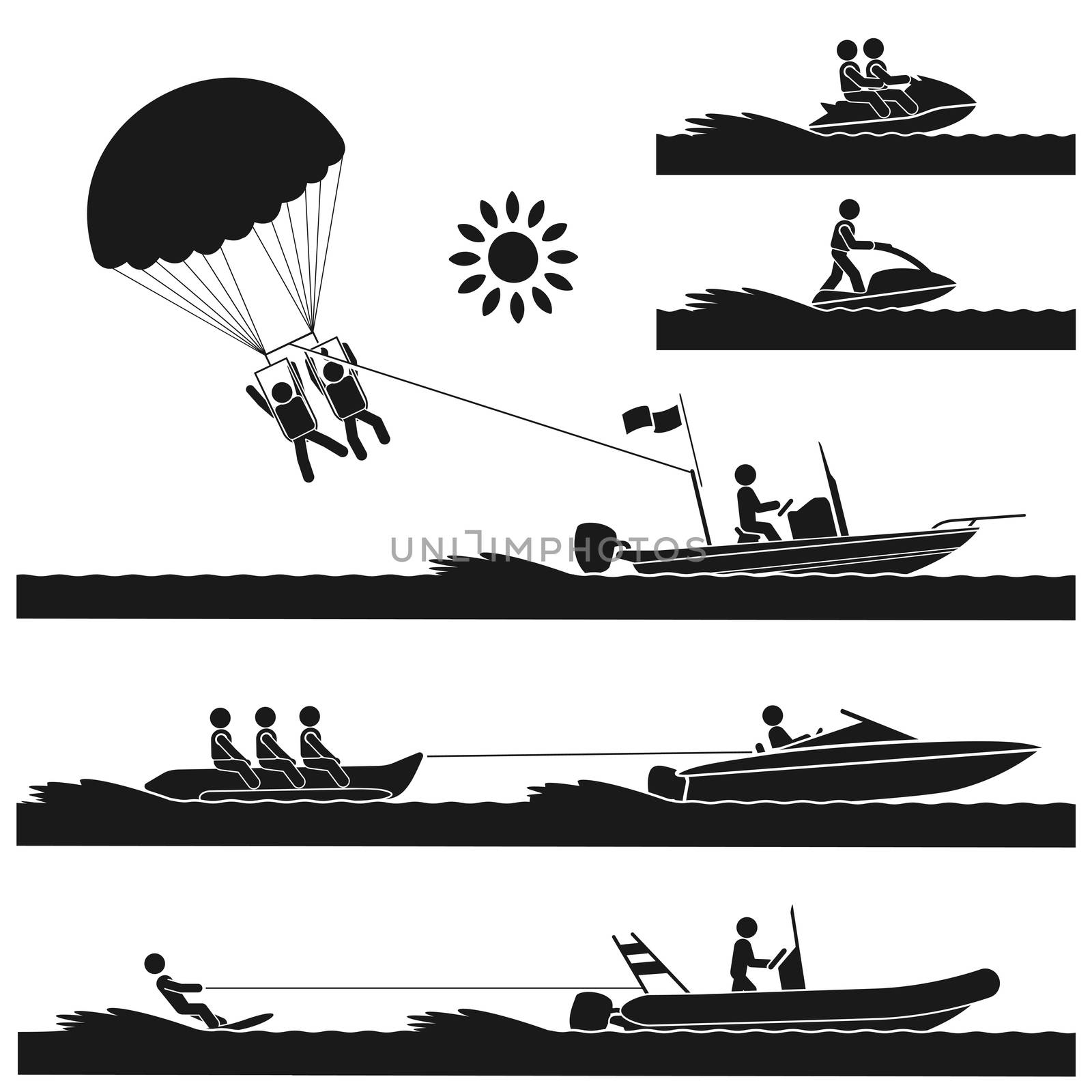 Different kinds of exciting water sports on the sea