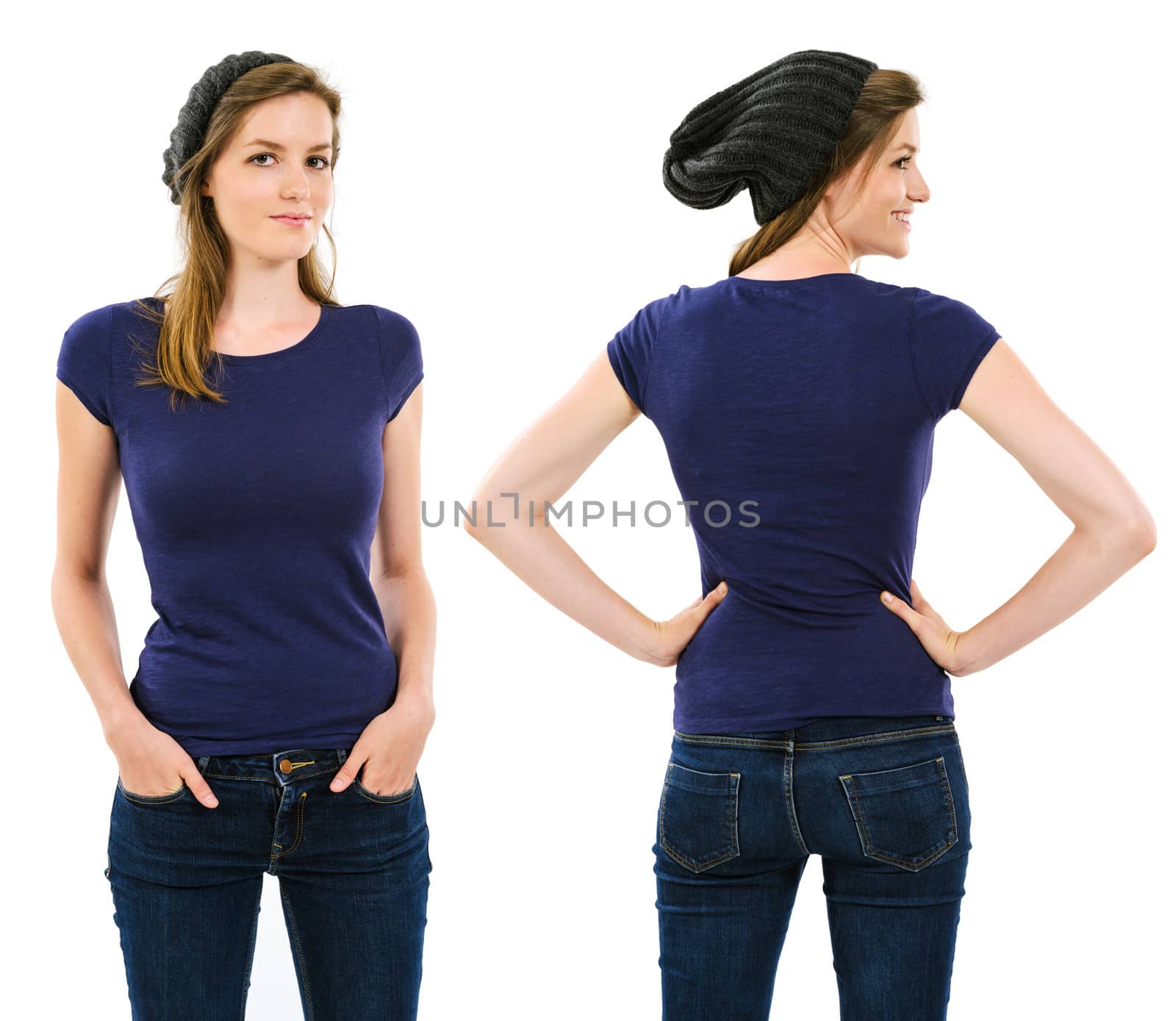 Photo of a young adult female with long hair posing with a blank purple shirt and beanie.  Front and back views ready for your artwork or designs.
