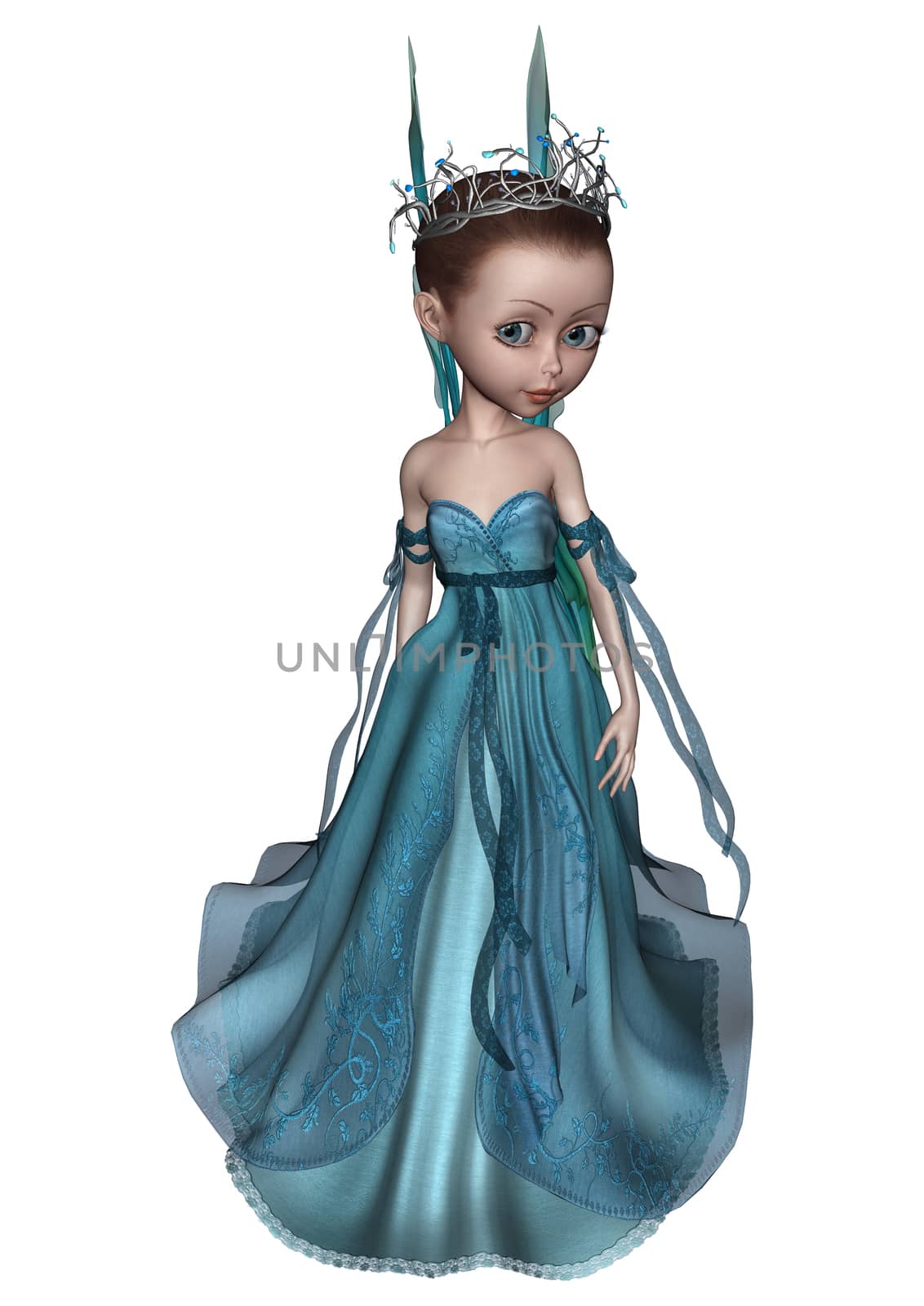 3D digital render of a cute little fairy in blue dress isolated on white background