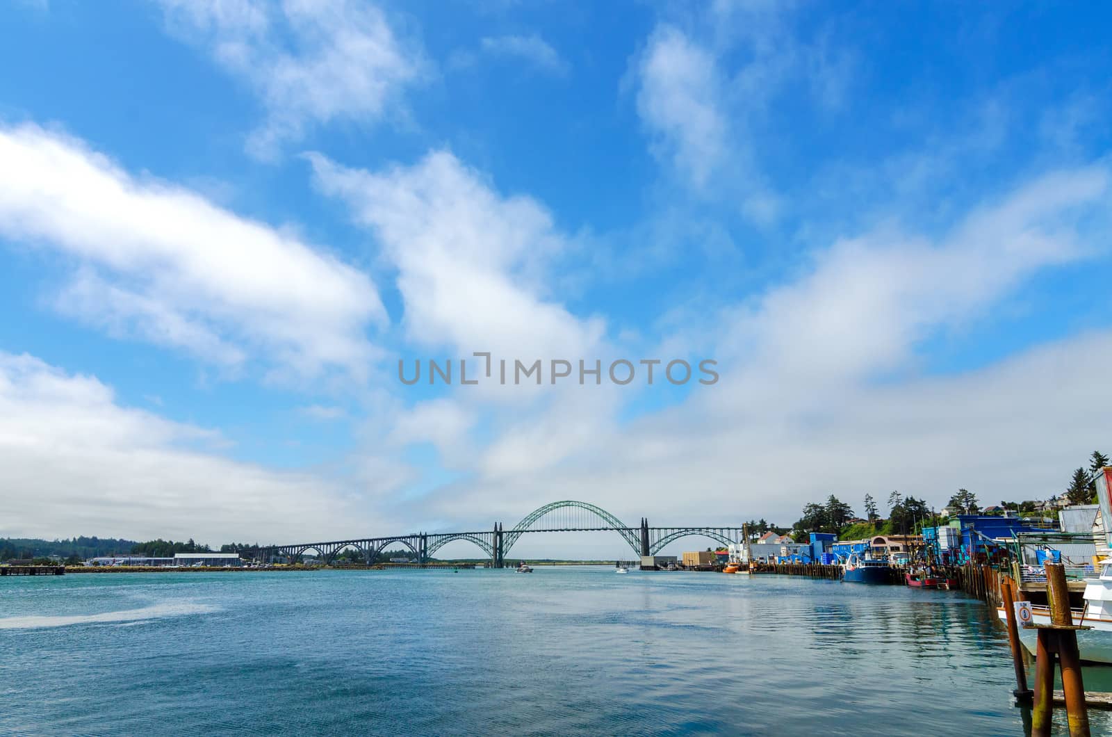 View of Yaquina Bay bridge from the waterfront of Newport, Oregon